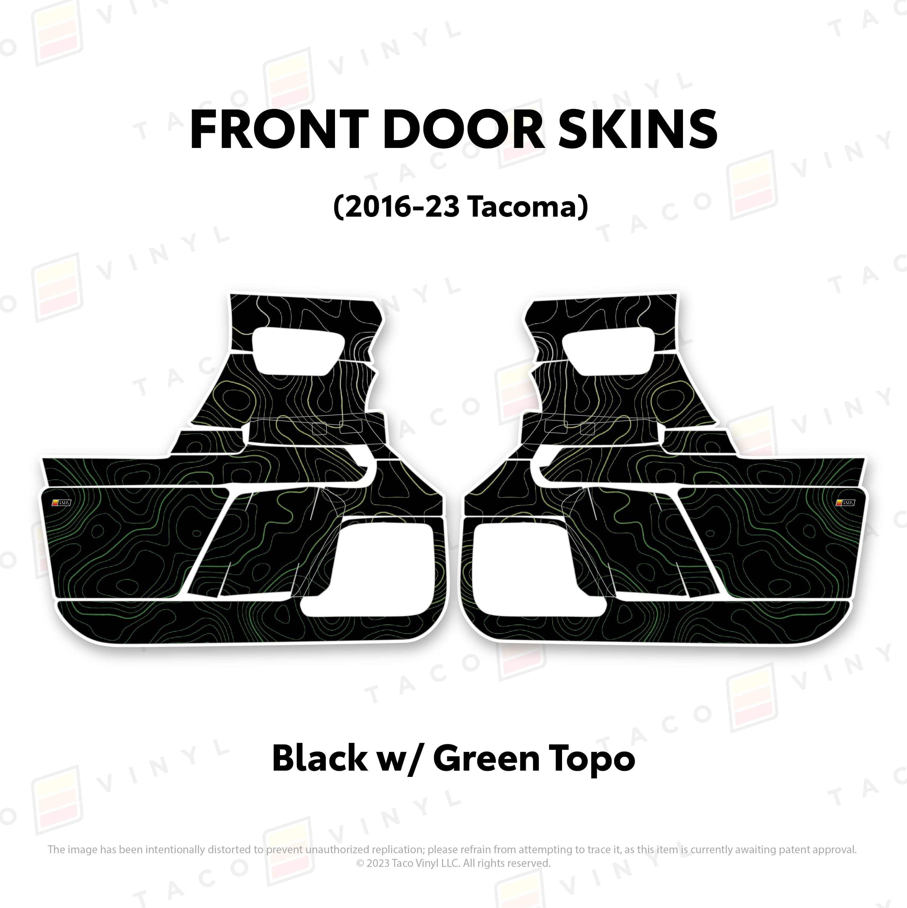 Taco Vinyl Protective Vinyl Front Driver/Passenger / Black w/Green Scheme Topo 2016-23 Tacoma Door Skins