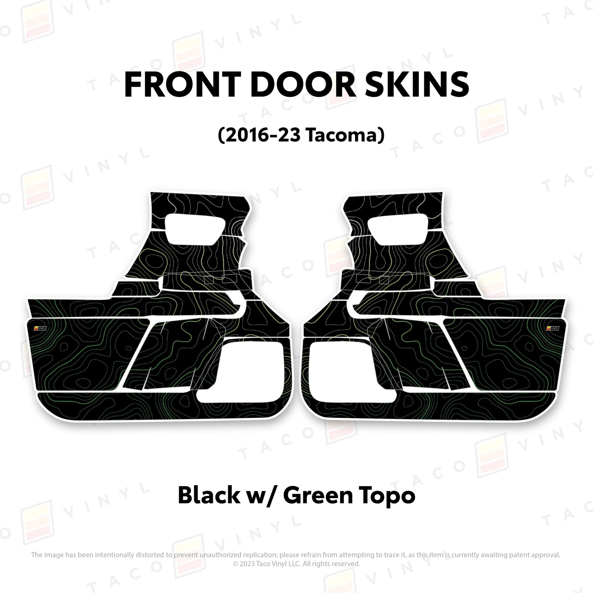 Taco Vinyl Protective Vinyl Front Driver/Passenger / Black w/Green Scheme Topo 2016-23 Tacoma Door Skins