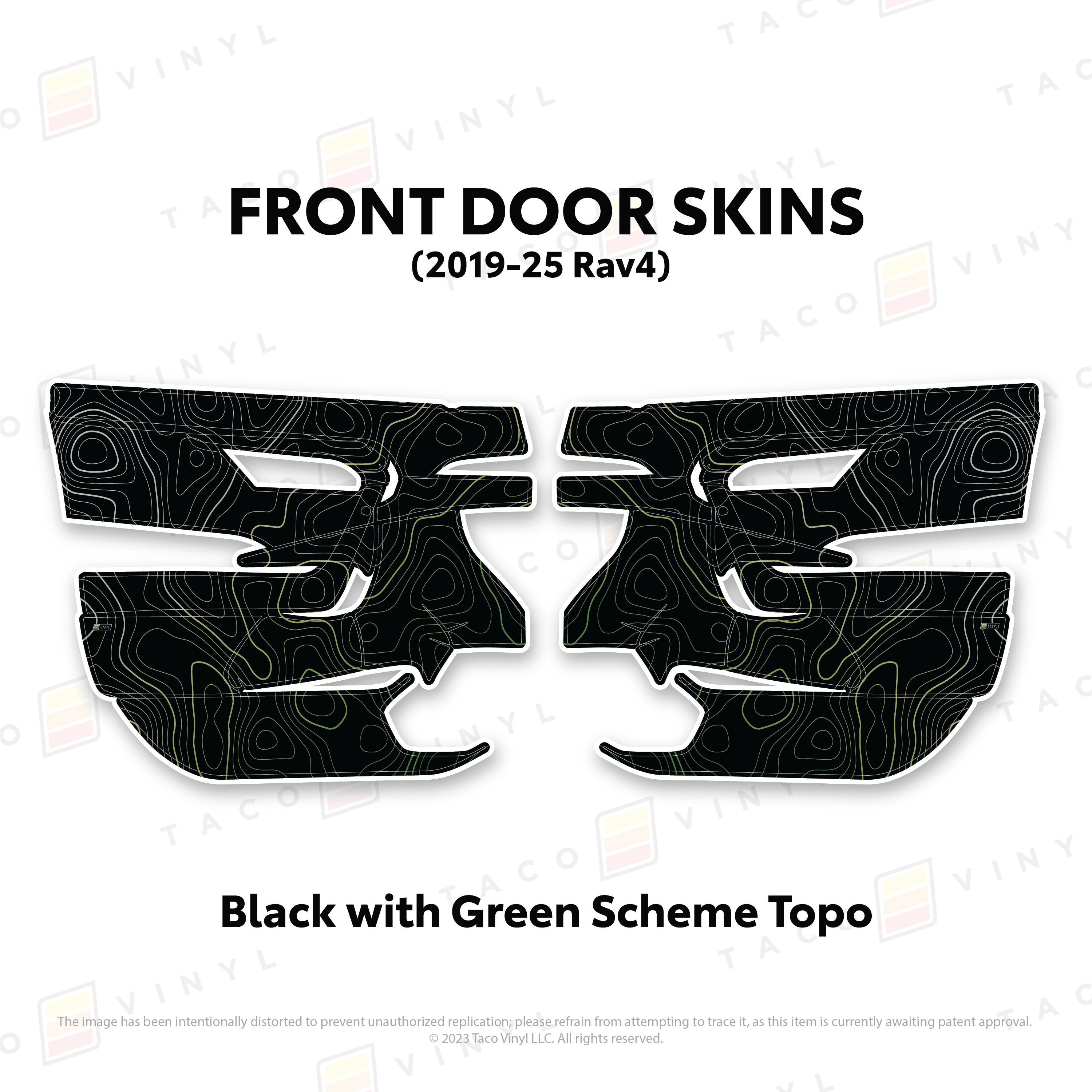 Taco Vinyl Protective Vinyl Front Driver/Passenger / Black w/Green Scheme Topo 2019-25 Rav4 Door Skins