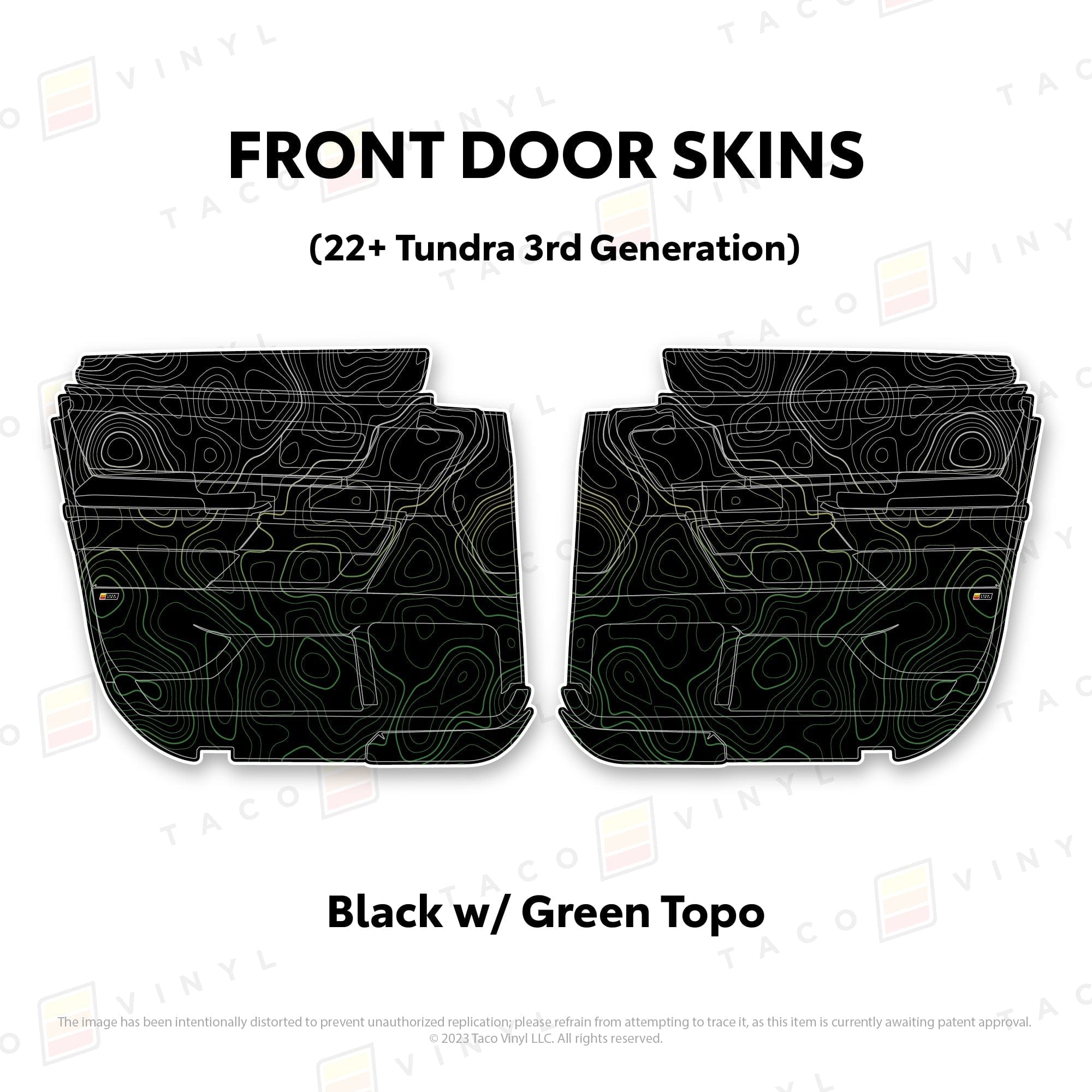 Taco Vinyl Protective Vinyl Front Driver/Passenger / Black w/Green Scheme Topo 2022+ Tundra Door Skins