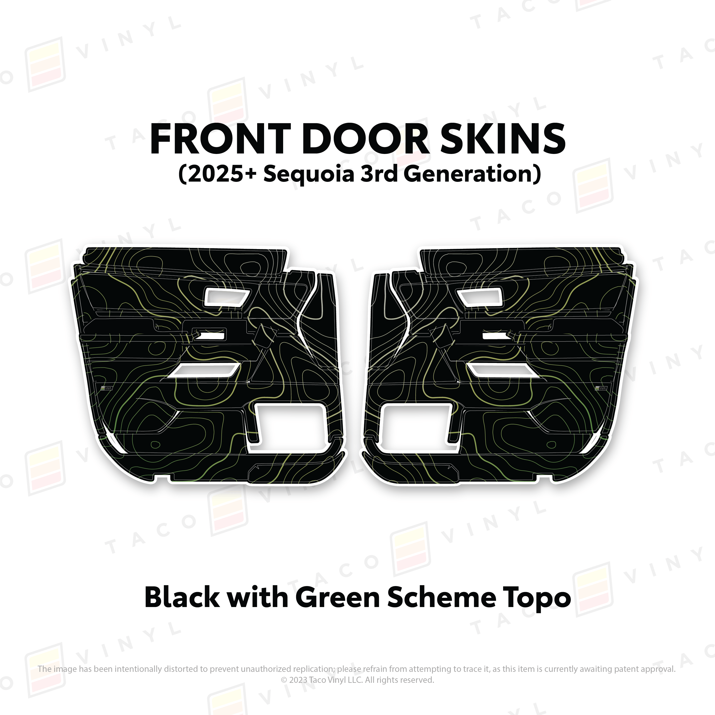 Taco Vinyl Protective Vinyl Front Driver/Passenger / Black w/Green Scheme Topo 2023+ Sequoia Door Skins