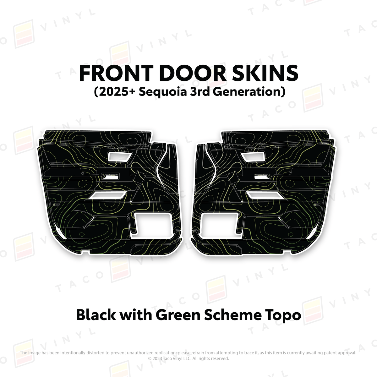 Taco Vinyl Protective Vinyl Front Driver/Passenger / Black w/Green Scheme Topo 2023+ Sequoia Door Skins