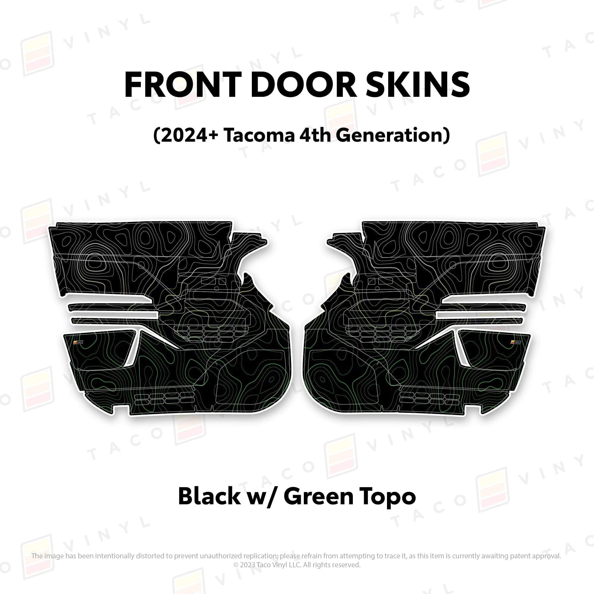 Taco Vinyl Protective Vinyl Front Driver/Passenger / Black w/Green Scheme Topo 2024+ Tacoma Door Skins