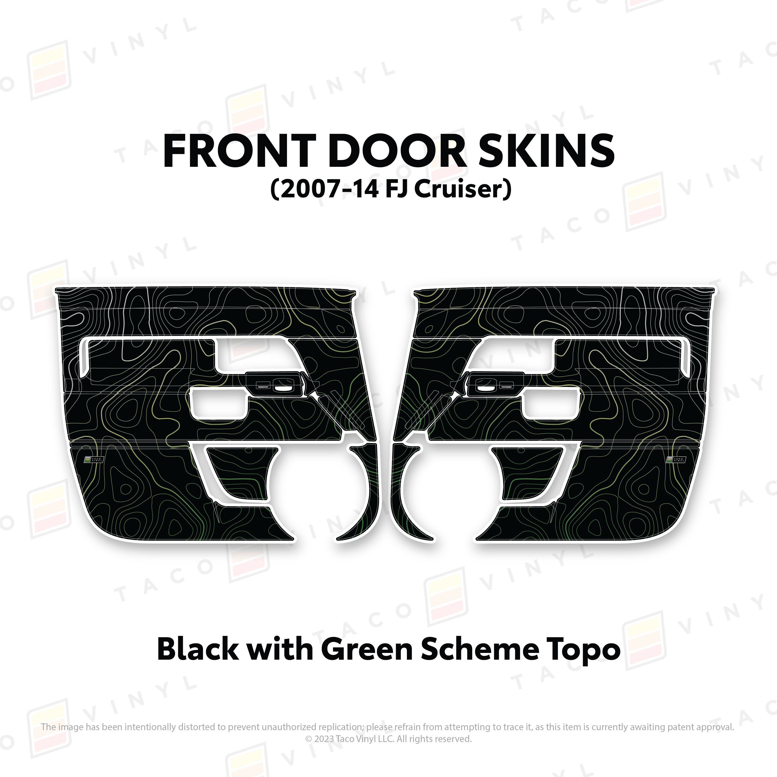 Taco Vinyl Protective Vinyl Front Driver/Passenger / Black w/ Green Scheme Topo FJ Cruiser Door Skins