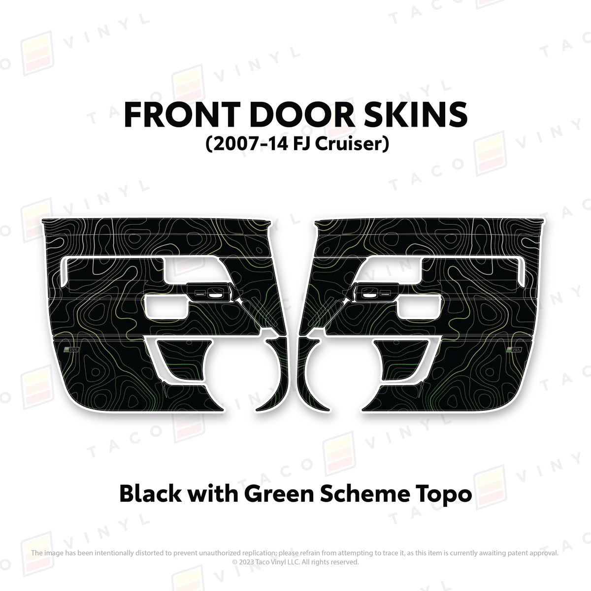 Taco Vinyl Protective Vinyl Front Driver/Passenger / Black w/ Green Scheme Topo FJ Cruiser Door Skins