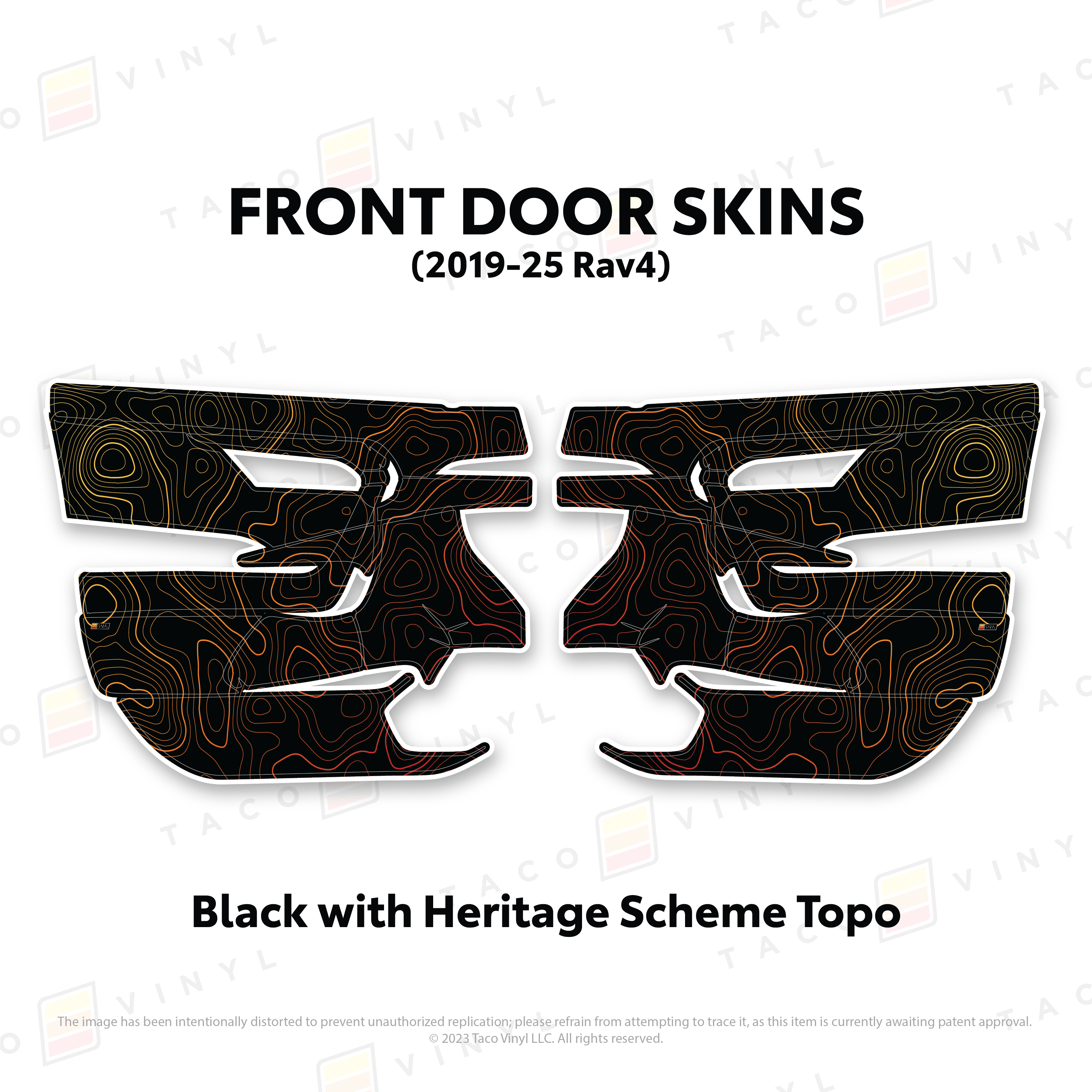 Taco Vinyl Protective Vinyl Front Driver/Passenger / Black w/Heritage Scheme Topo 2019-25 Rav4 Door Skins