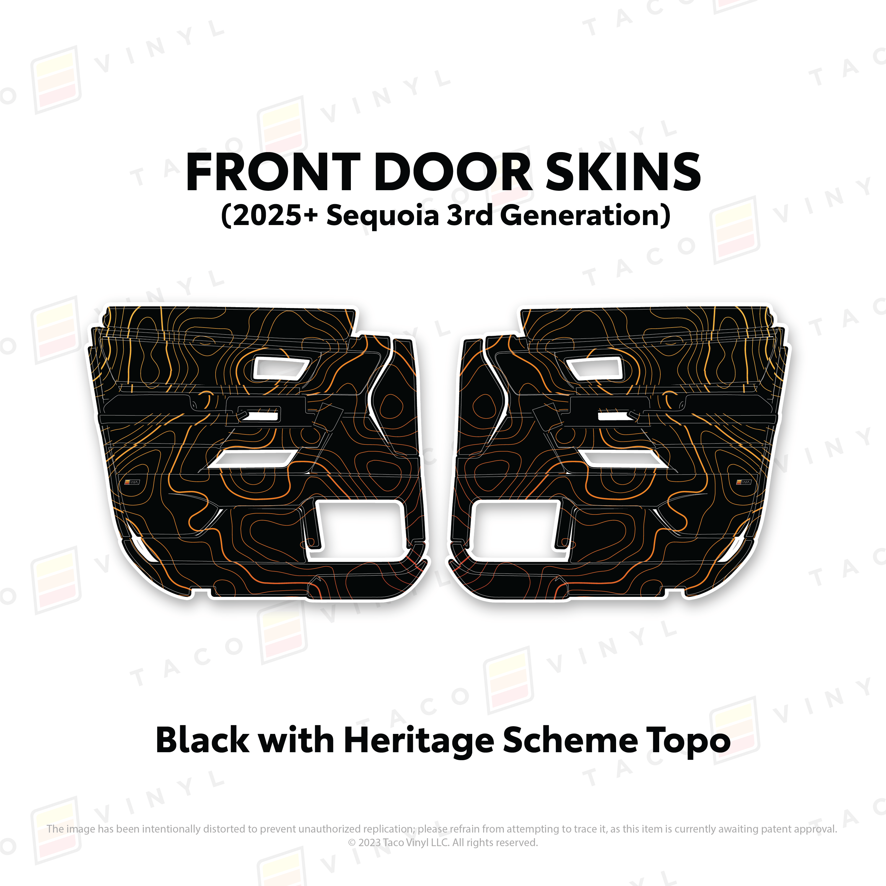 Taco Vinyl Protective Vinyl Front Driver/Passenger / Black w/Heritage Scheme Topo 2023+ Sequoia Door Skins