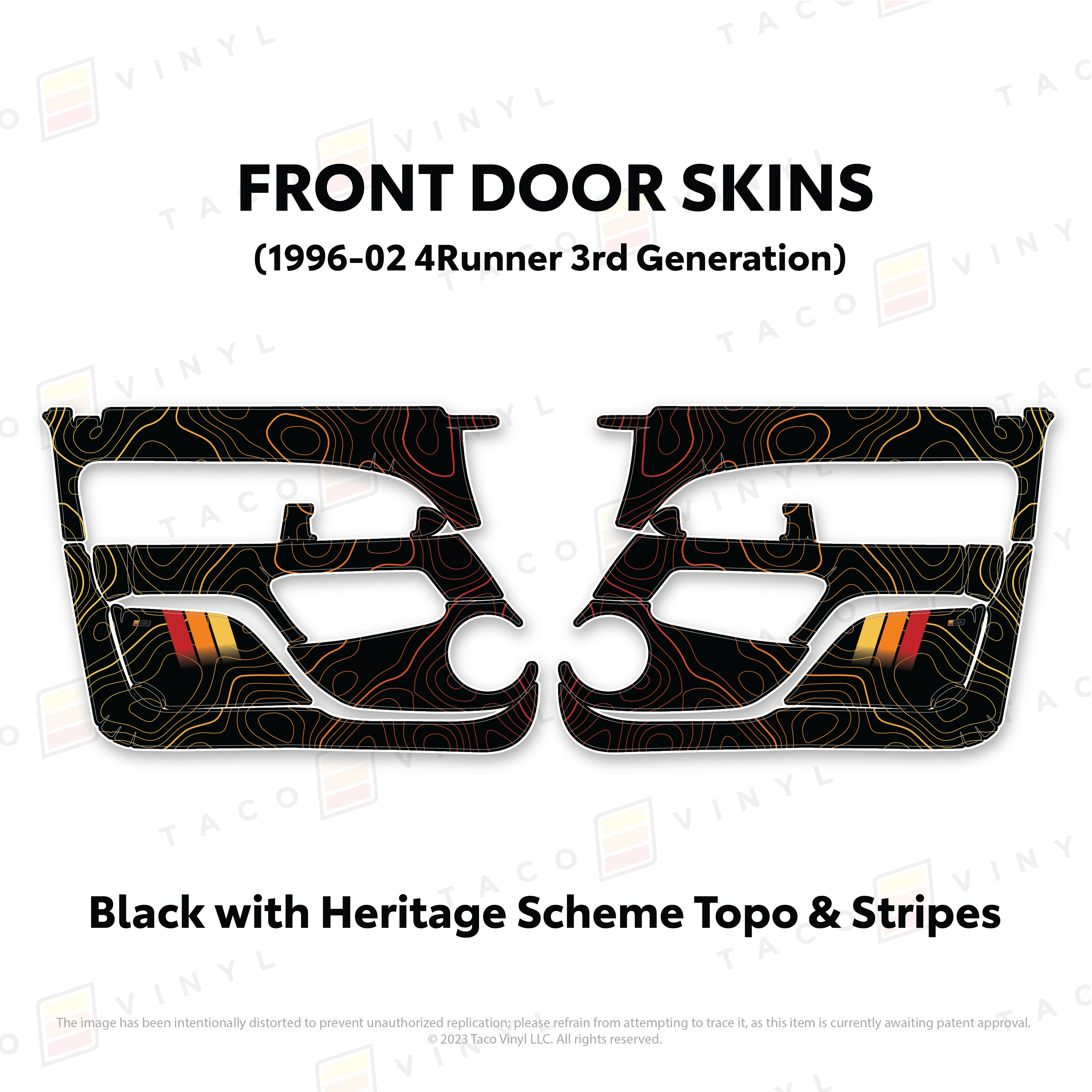 Taco Vinyl Protective Vinyl Front Driver/Passenger / Black w/Heritage Scheme Topo & Stripes 1996-2002 4Runner Door Skins