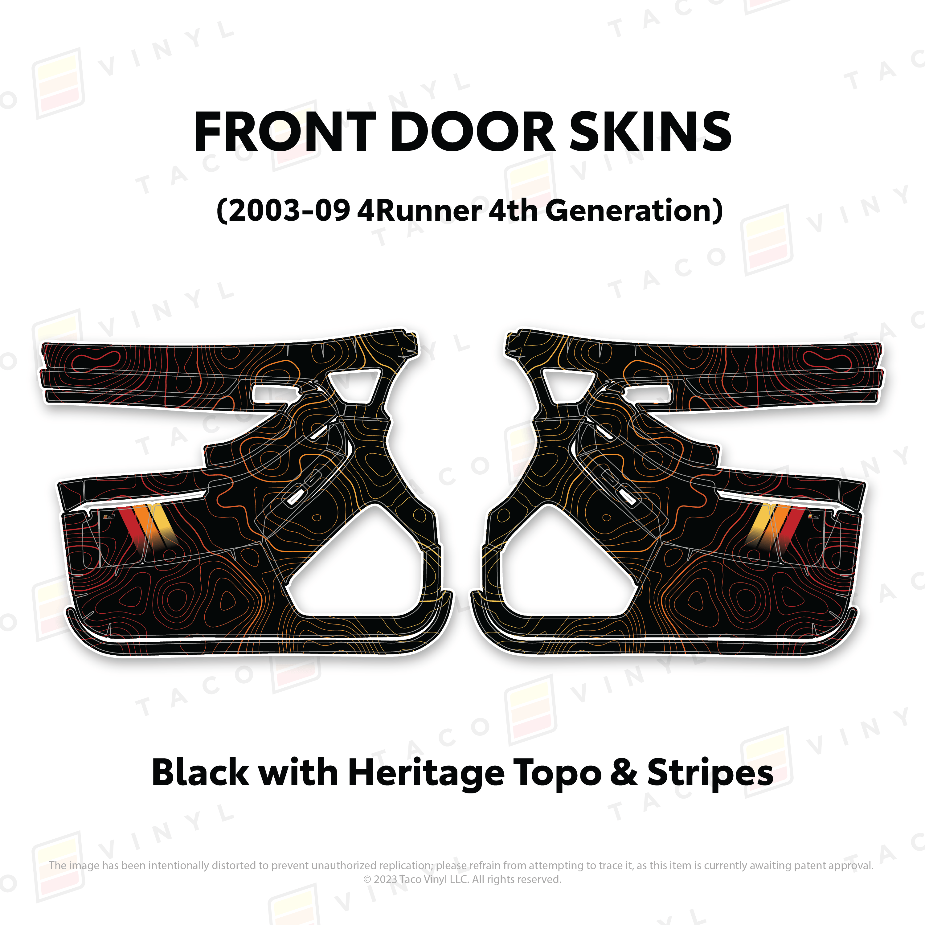 Taco Vinyl Protective Vinyl Front Driver/Passenger / Black w/Heritage Scheme Topo & Stripes 2003-2009 4Runner Door Skins
