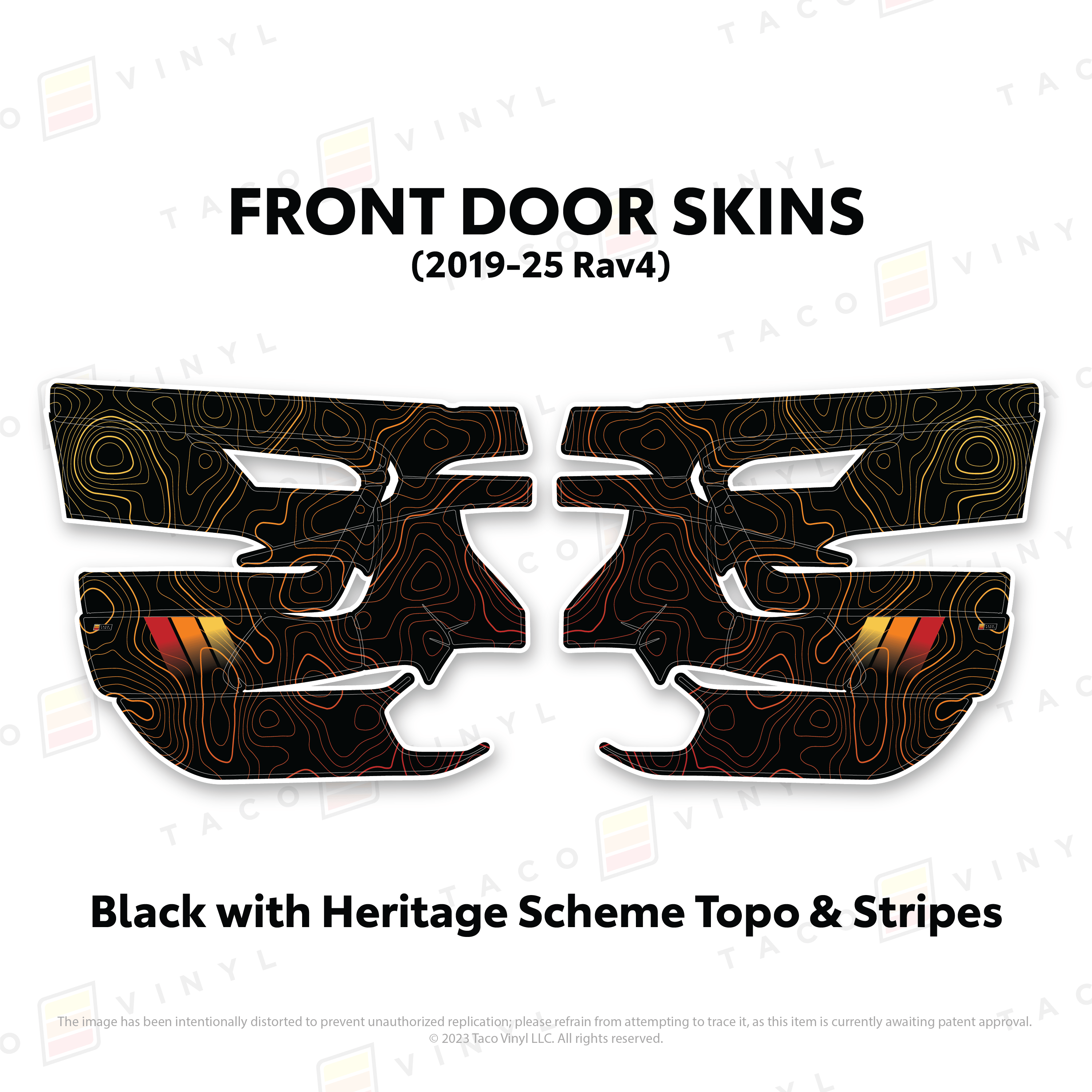 Taco Vinyl Protective Vinyl Front Driver/Passenger / Black w/Heritage Scheme Topo & Stripes 2019-25 Rav4 Door Skins