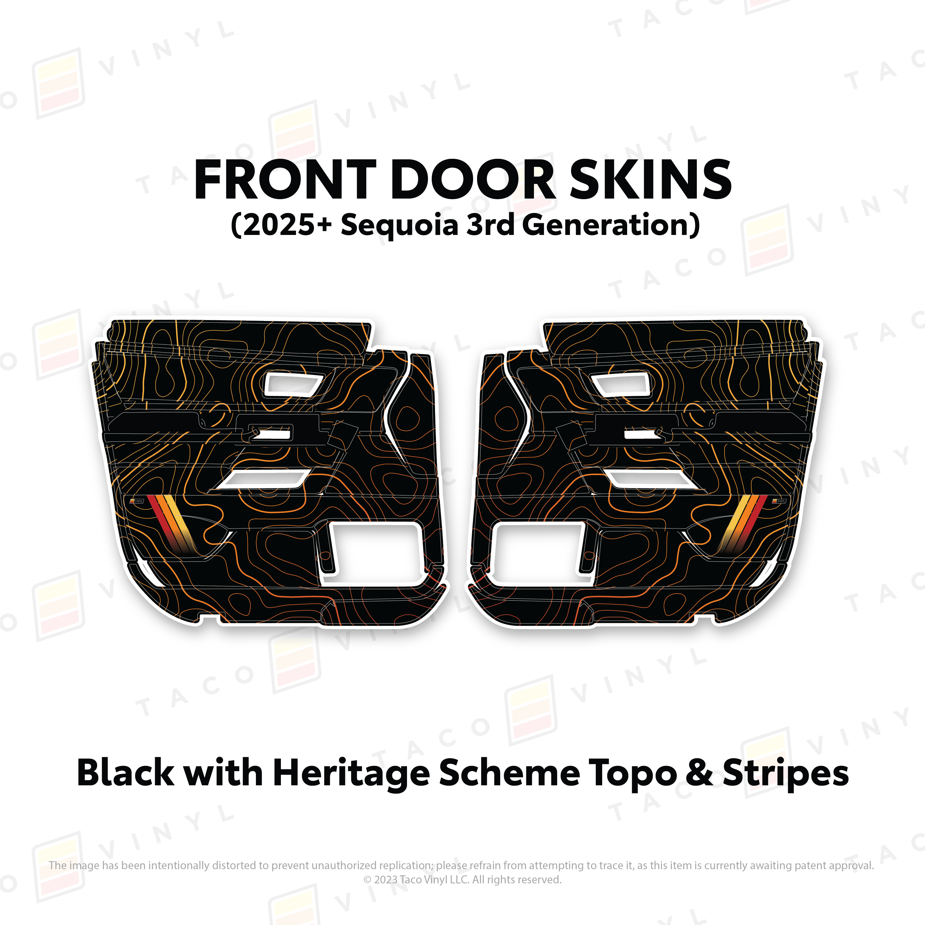 Taco Vinyl Protective Vinyl Front Driver/Passenger / Black w/Heritage Scheme Topo & Stripes 2023+ Sequoia Door Skins