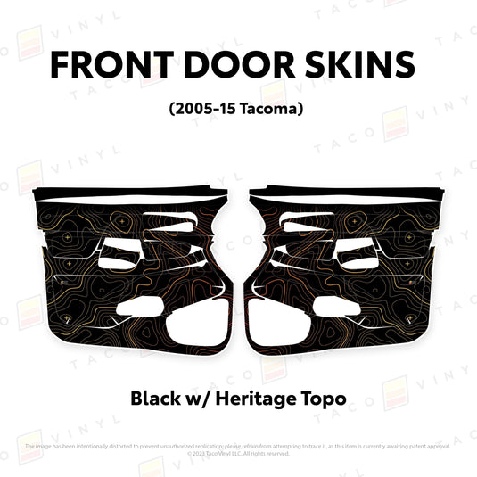 Taco Vinyl Protective Vinyl Front Driver/Passenger / Black w/ Heritage Topo 2005-15 Tacoma Door Skins