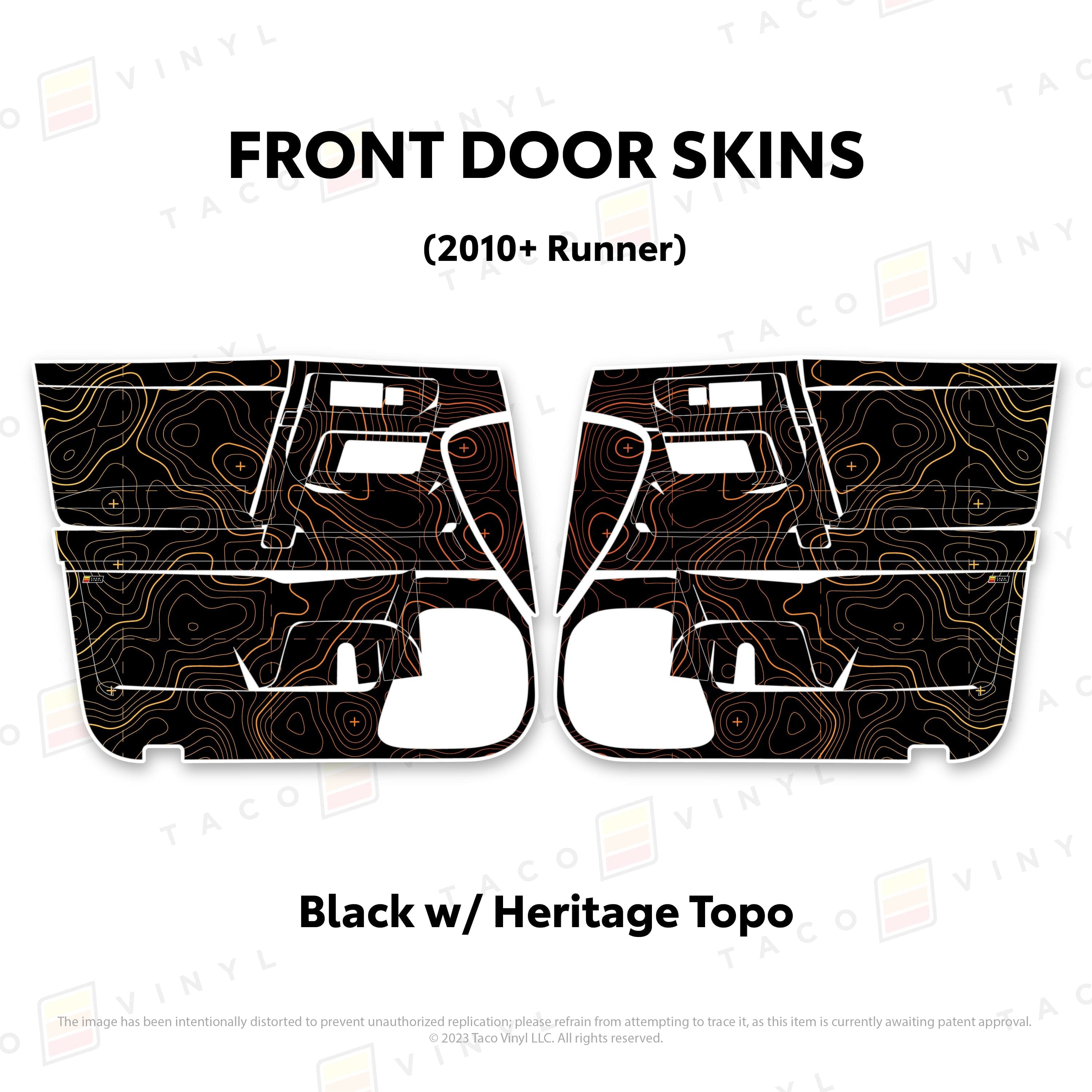 Taco Vinyl Protective Vinyl Front Driver/Passenger / Black w/ Heritage Topo 2010-24 4Runner Door Skins