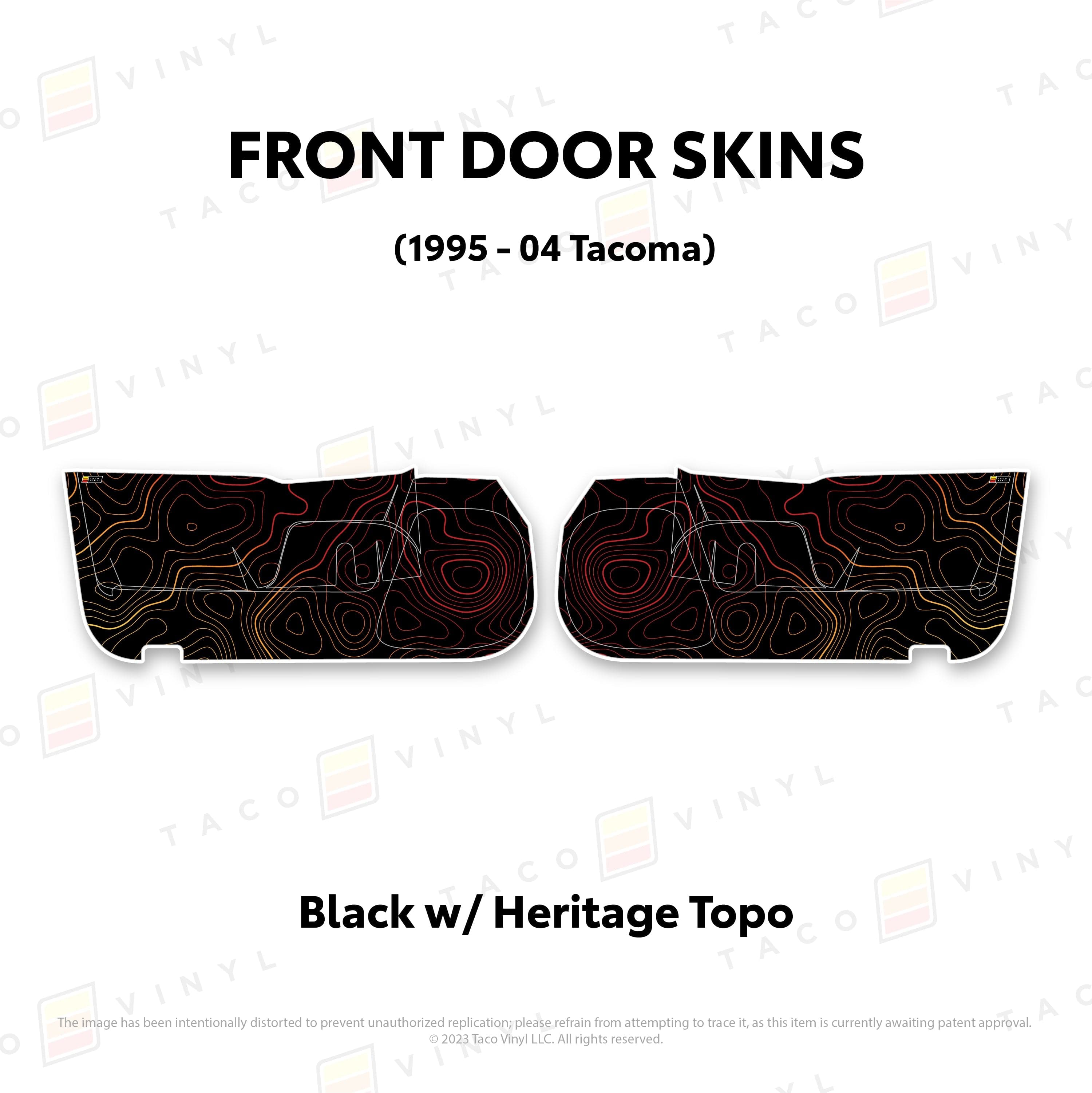 Taco Vinyl Protective Vinyl Front Driver/Passenger / Black w/ Heritage Topo 2010-24 4Runner Door Skins (Lower Section)