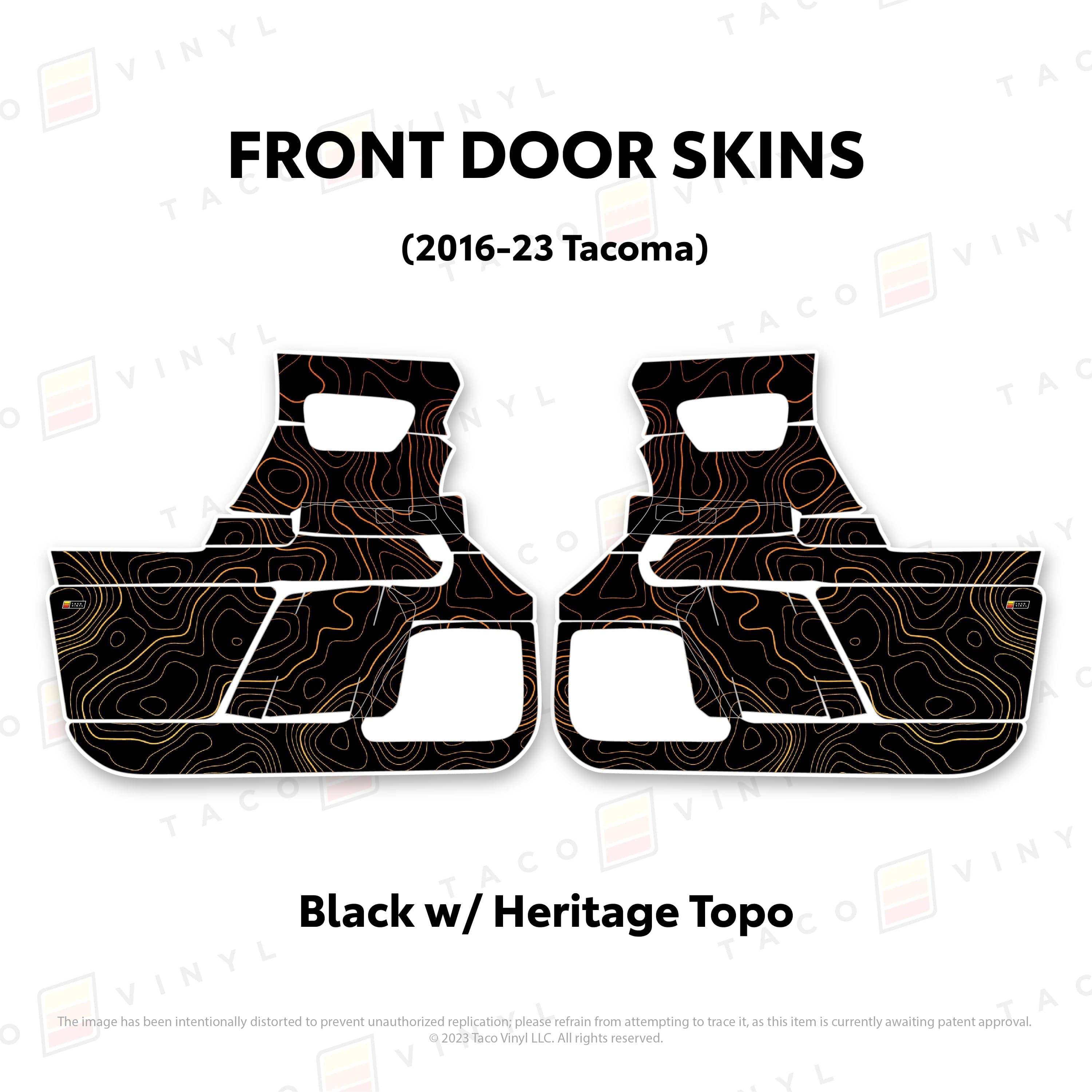 Taco Vinyl Protective Vinyl Front Driver/Passenger / Black w/ Heritage Topo 2016-23 Tacoma Door Skins