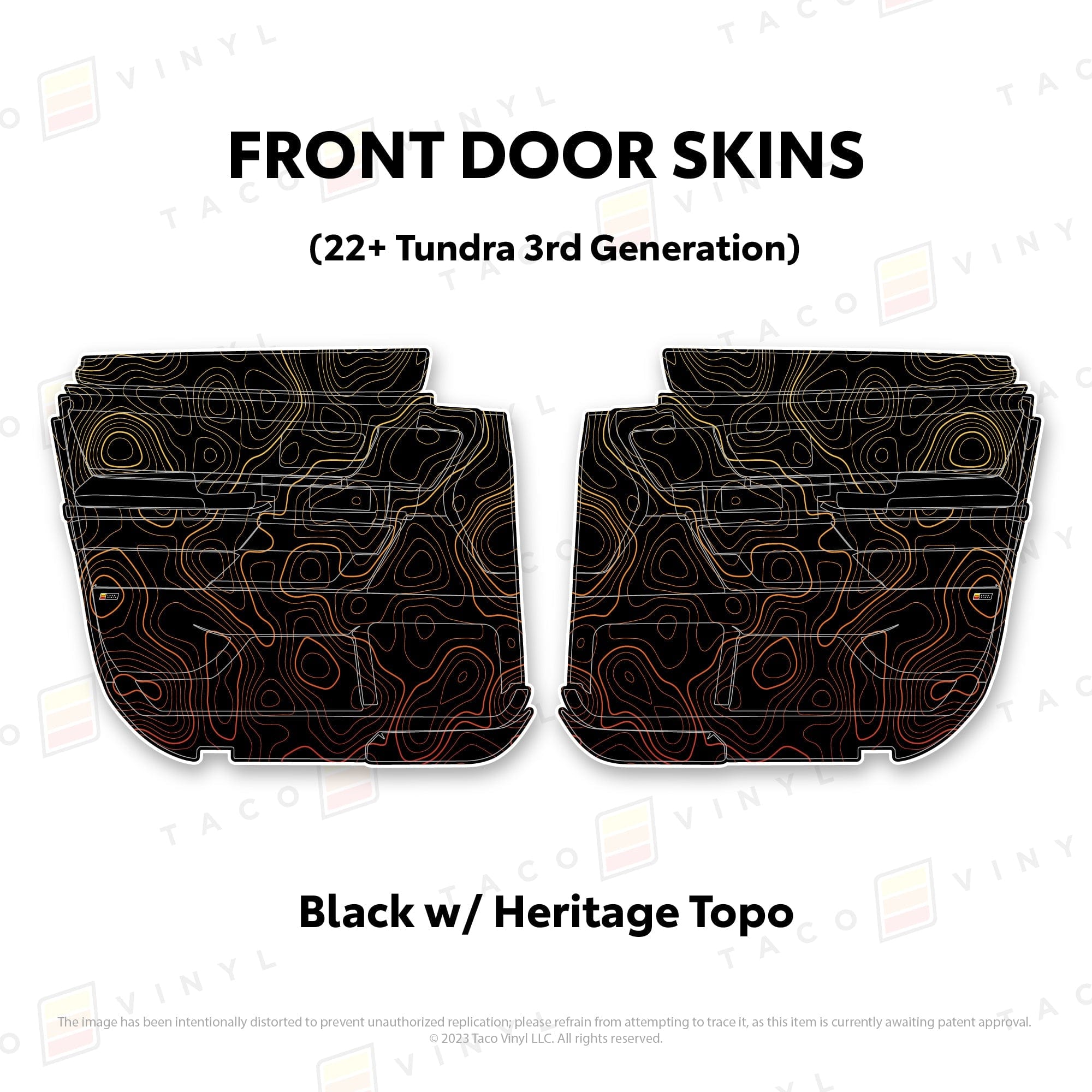 Taco Vinyl Protective Vinyl Front Driver/Passenger / Black w/ Heritage Topo 2022+ Tundra Door Skins