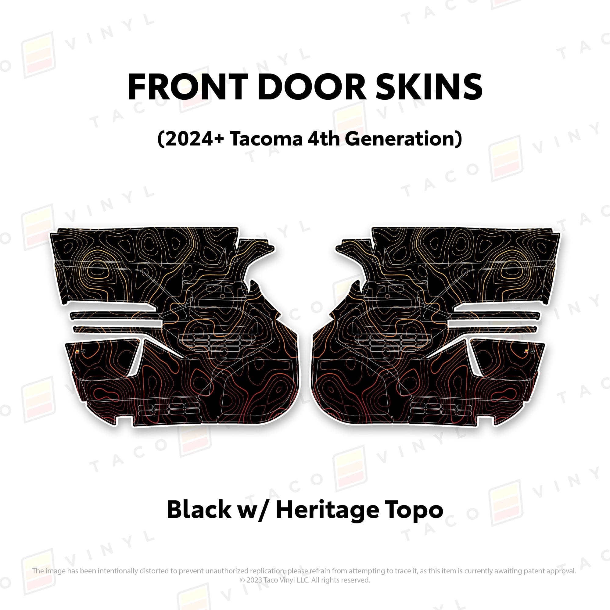 Taco Vinyl Protective Vinyl Front Driver/Passenger / Black w/ Heritage Topo 2024+ Tacoma Door Skins