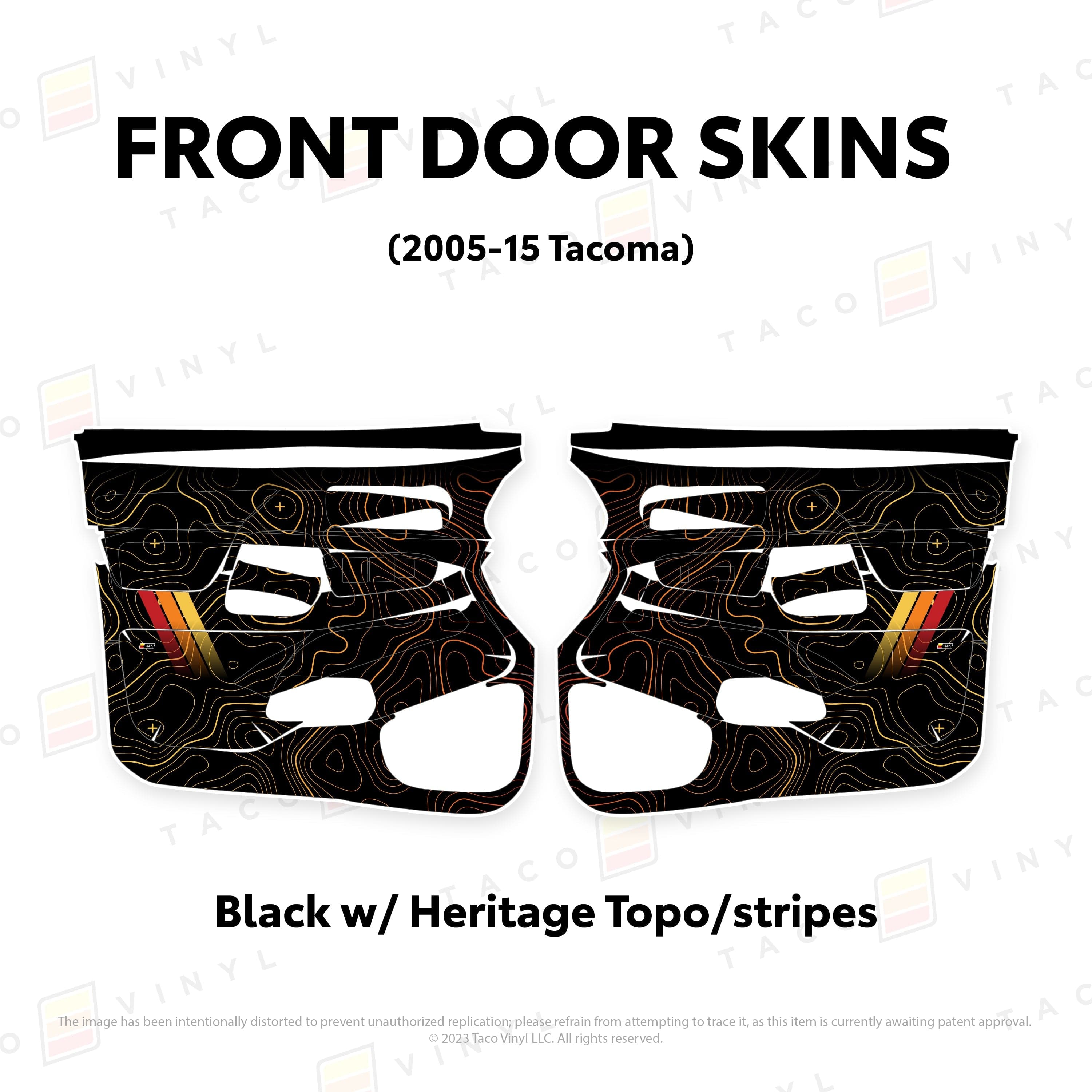 Taco Vinyl Protective Vinyl Front Driver/Passenger / Black w/ Heritage Topo/stripes 2005-15 Tacoma Door Skins