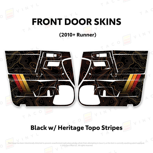 Taco Vinyl Protective Vinyl Front Driver/Passenger / Black w/ Heritage Topo/stripes 2010-24 4Runner Door Skins