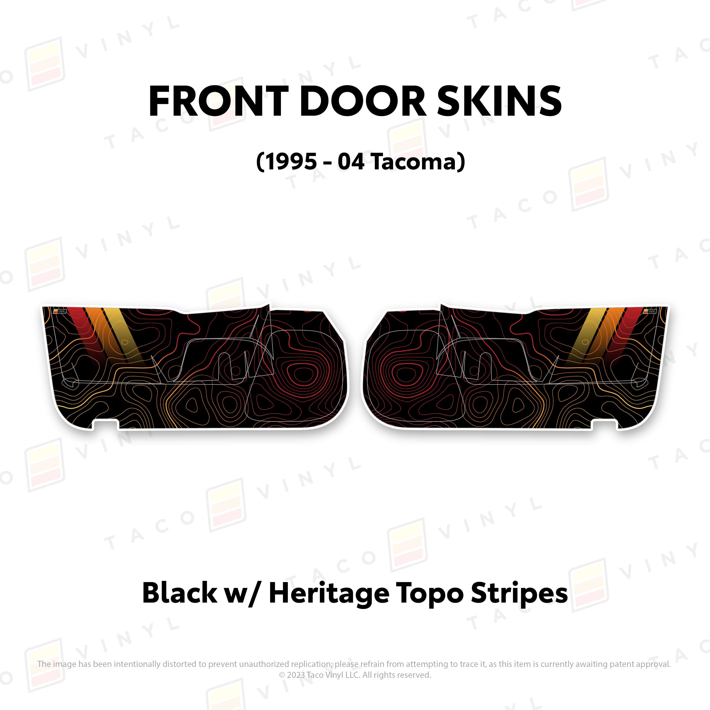 Taco Vinyl Protective Vinyl Front Driver/Passenger / Black w/ Heritage Topo/stripes 2010-24 4Runner Door Skins (Lower Section)