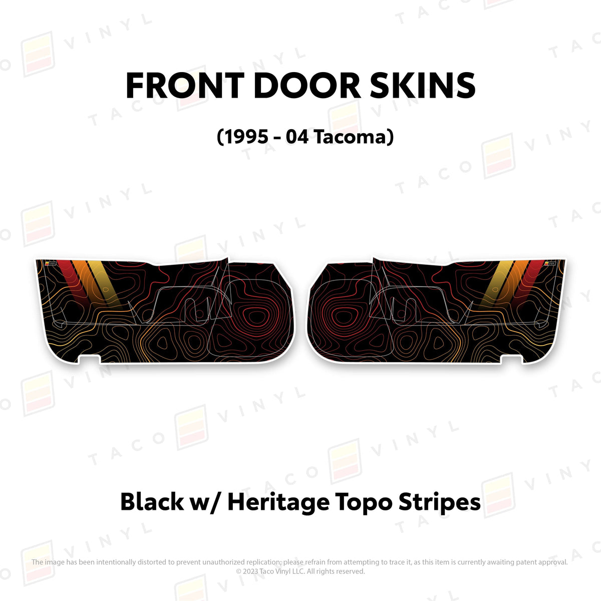Taco Vinyl Protective Vinyl Front Driver/Passenger / Black w/ Heritage Topo/stripes 2010-24 4Runner Door Skins (Lower Section)