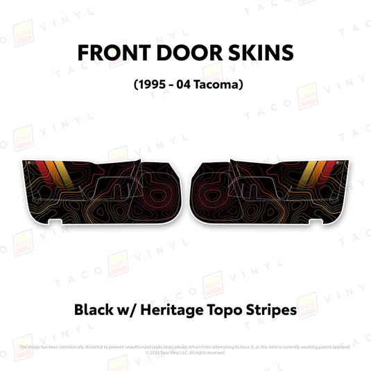 Taco Vinyl Protective Vinyl Front Driver/Passenger / Black w/ Heritage Topo/stripes 2010-24 4Runner Door Skins (Lower Section)