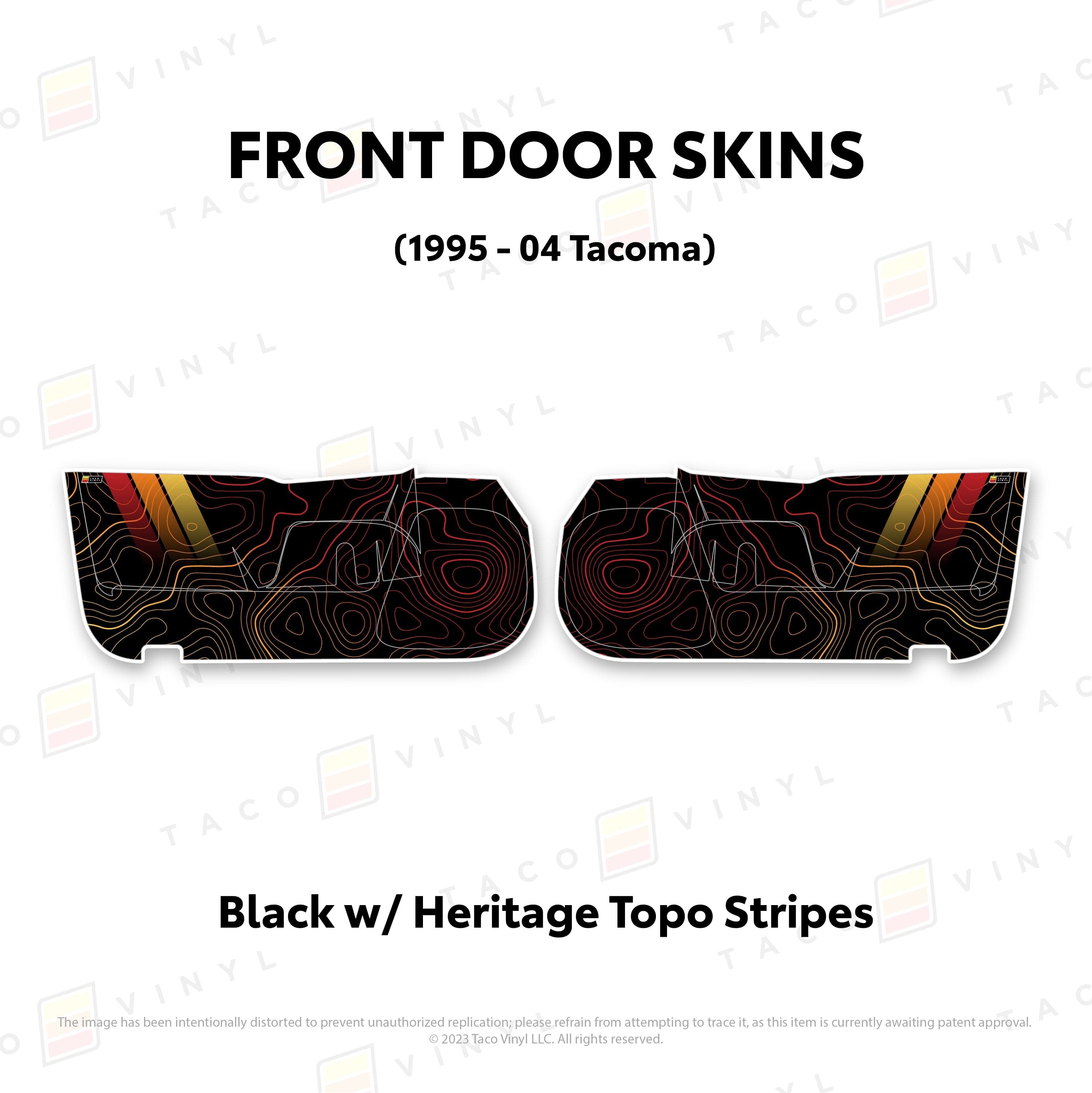 Taco Vinyl Protective Vinyl Front Driver/Passenger / Black w/ Heritage Topo/stripes 2010-24 4Runner Door Skins (Lower Section)