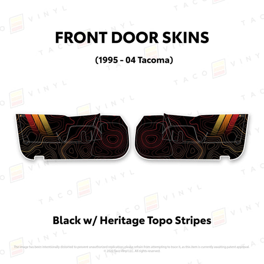 Taco Vinyl Protective Vinyl Front Driver/Passenger / Black w/ Heritage Topo/stripes 2010-24 4Runner Door Skins (Lower Section)