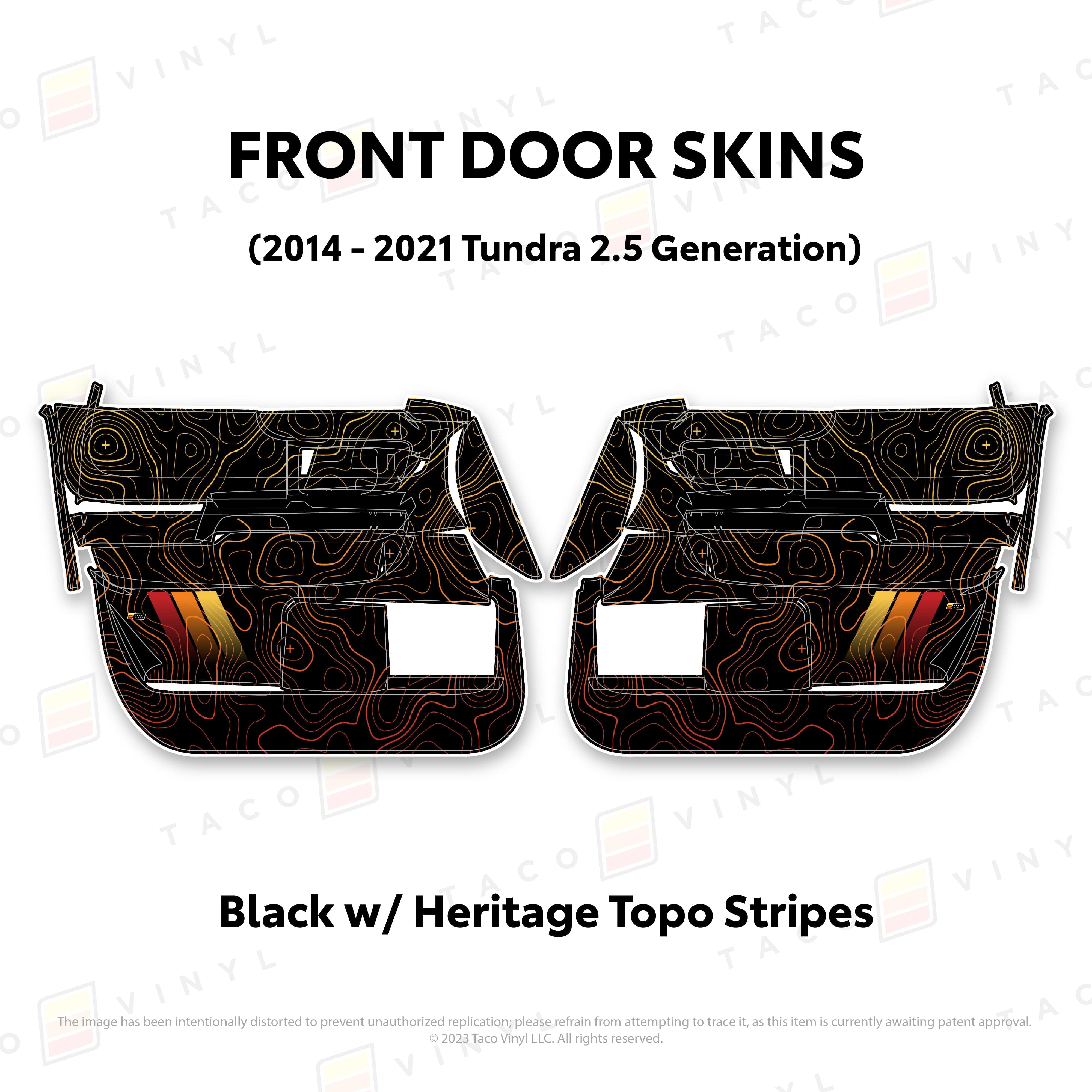 Taco Vinyl Protective Vinyl Front Driver/Passenger / Black w/ Heritage Topo/stripes 2014 - 2021 Tundra Door Skins