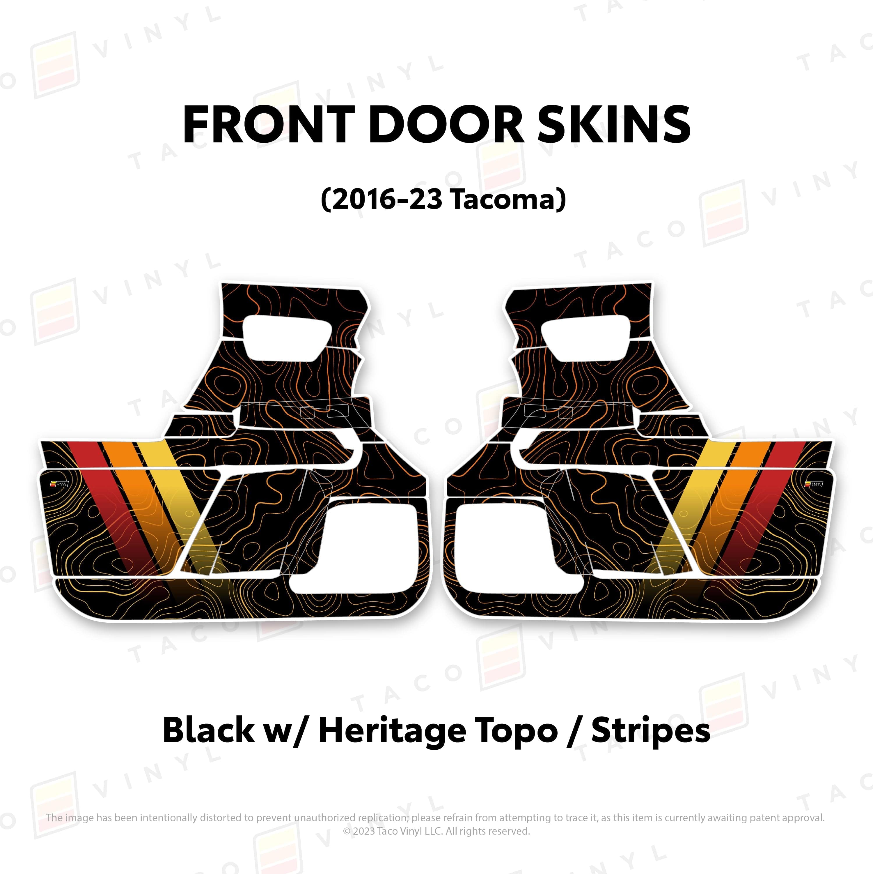 Taco Vinyl Protective Vinyl Front Driver/Passenger / Black w/ Heritage Topo/stripes 2016-23 Tacoma Door Skins