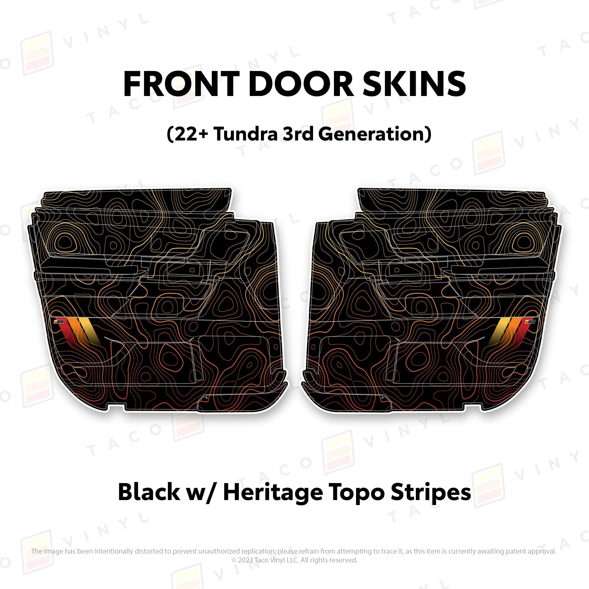 Taco Vinyl Protective Vinyl Front Driver/Passenger / Black w/ Heritage Topo/stripes 2022+ Tundra Door Skins