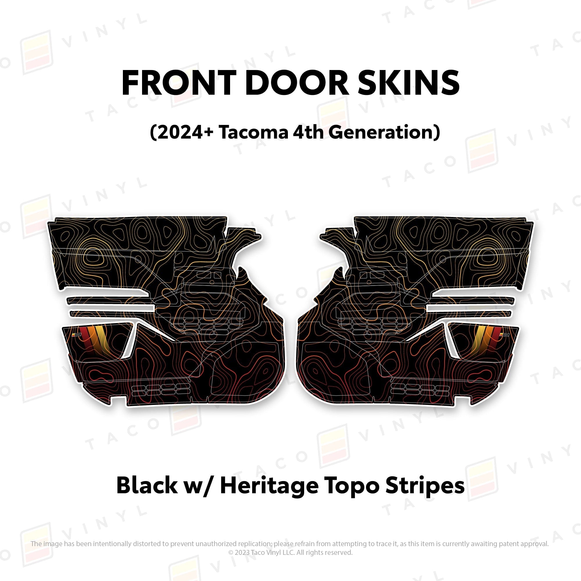 Taco Vinyl Protective Vinyl Front Driver/Passenger / Black w/ Heritage Topo/stripes 2024+ Tacoma Door Skins