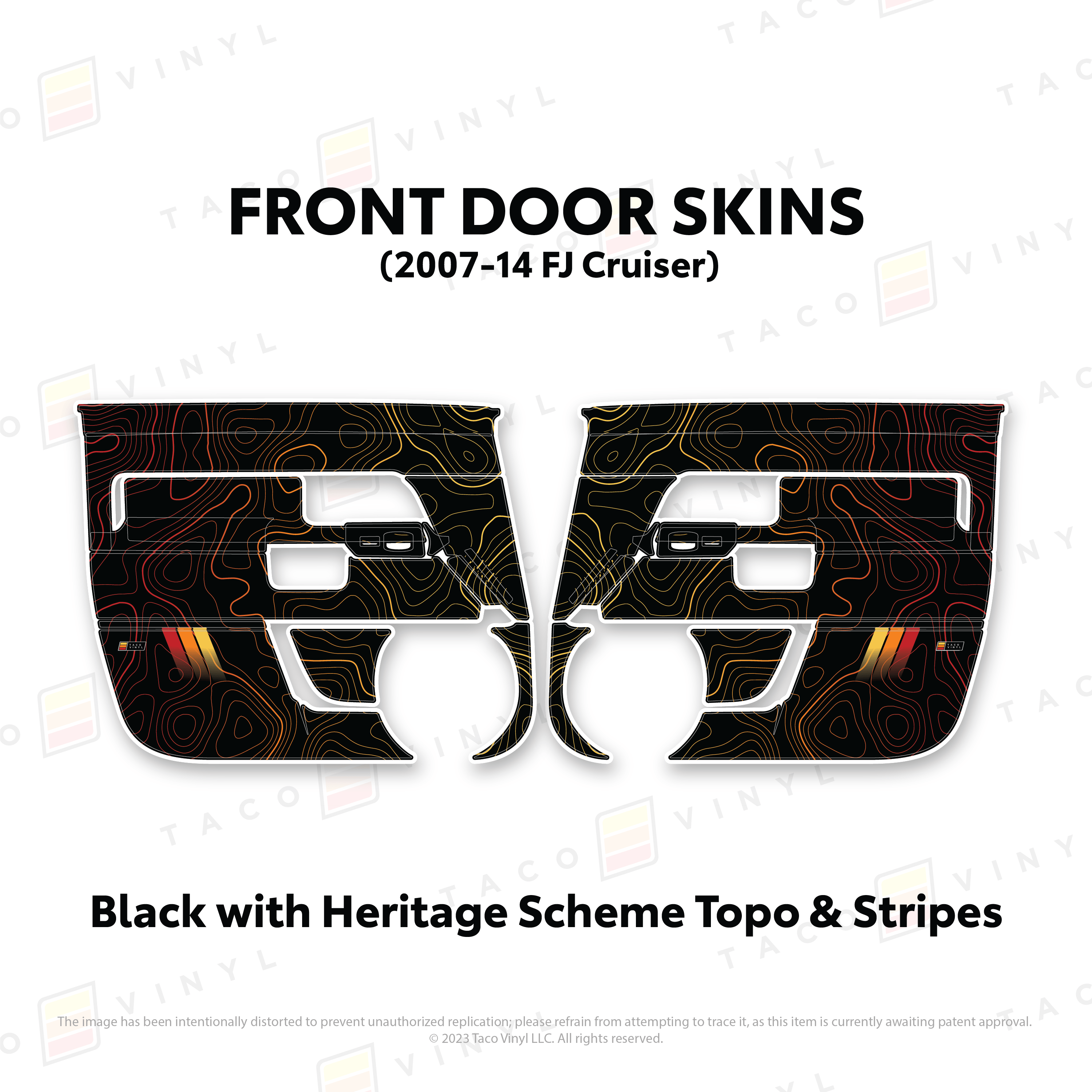 Taco Vinyl Protective Vinyl Front Driver/Passenger / Black w/ Heritage Topo & Stripes FJ Cruiser Door Skins