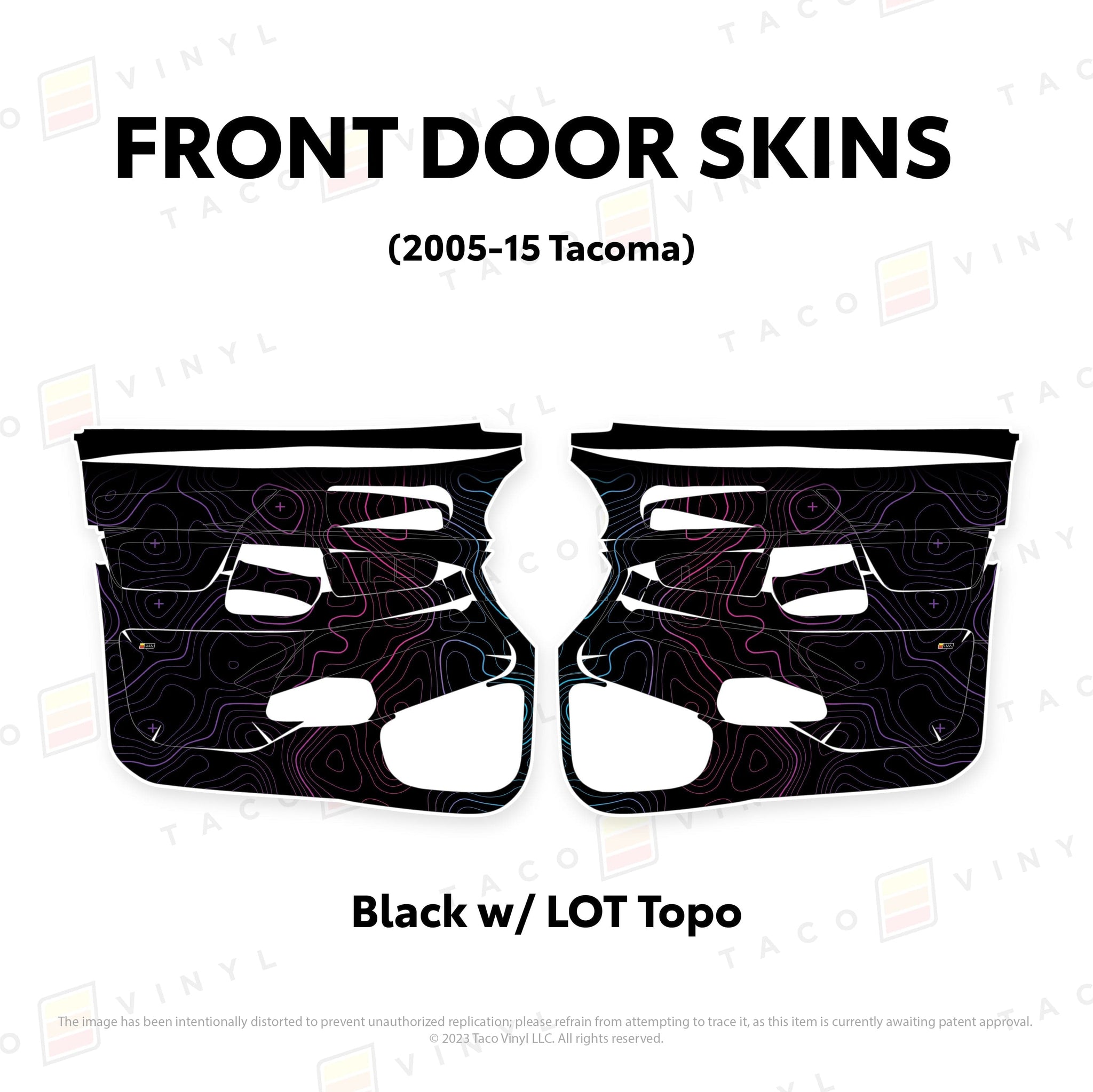 Taco Vinyl Protective Vinyl Front Driver/Passenger / Black w/LOT Scheme Topo 2005-15 Tacoma Door Skins