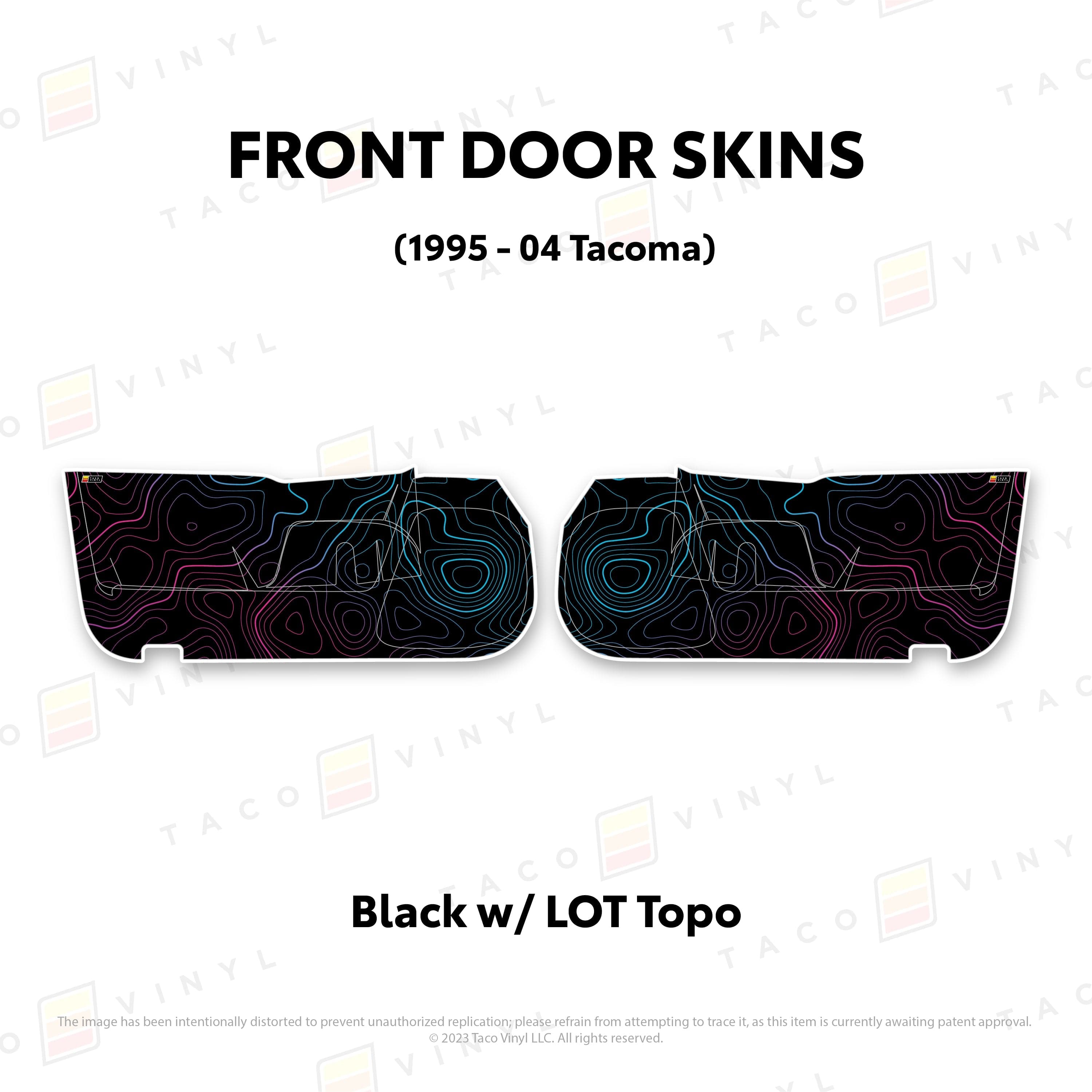 Taco Vinyl Protective Vinyl Front Driver/Passenger / Black w/LOT Scheme Topo 2010-24 4Runner Door Skins (Lower Section)