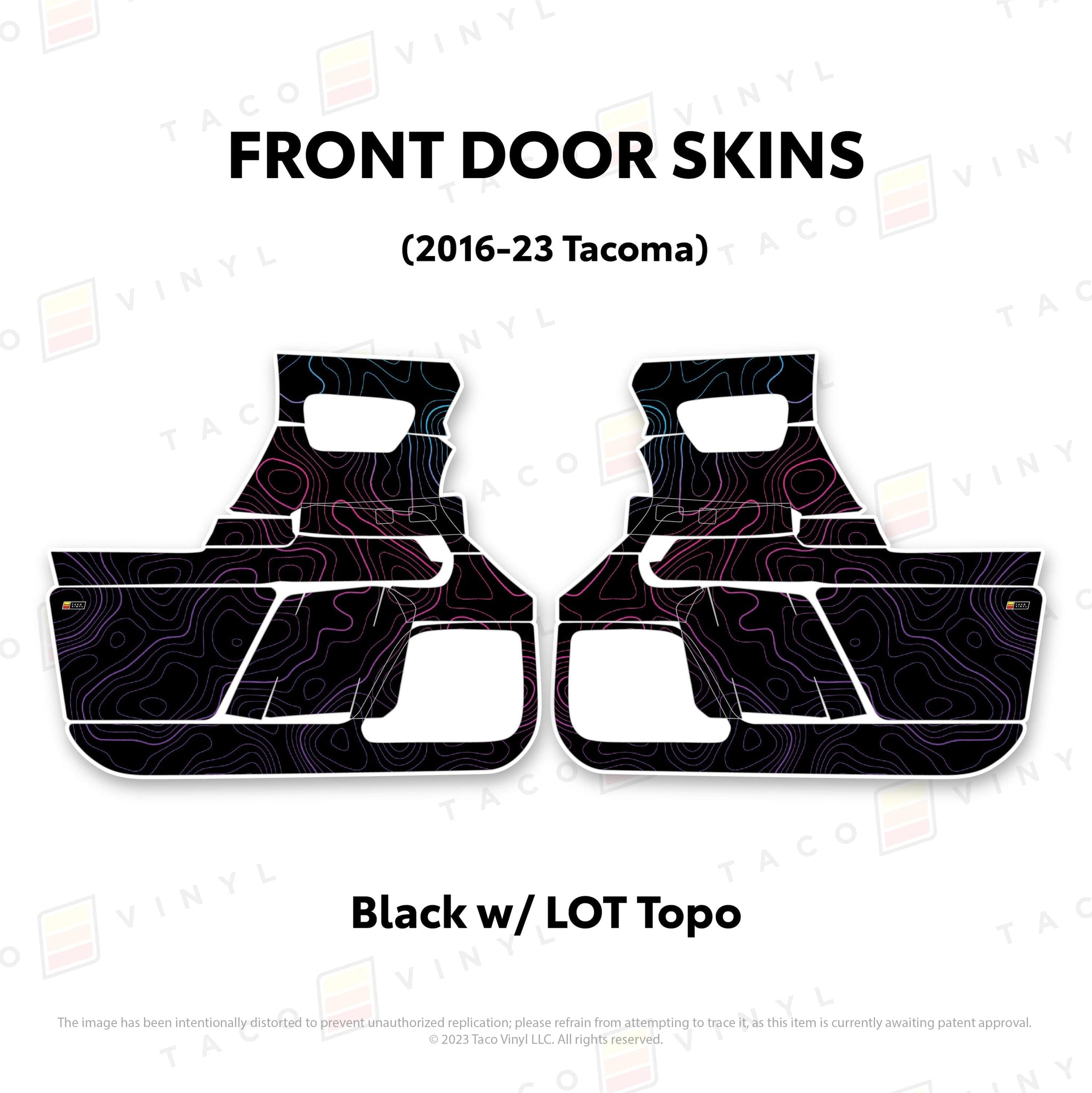 Taco Vinyl Protective Vinyl Front Driver/Passenger / Black w/LOT Scheme Topo 2016-23 Tacoma Door Skins