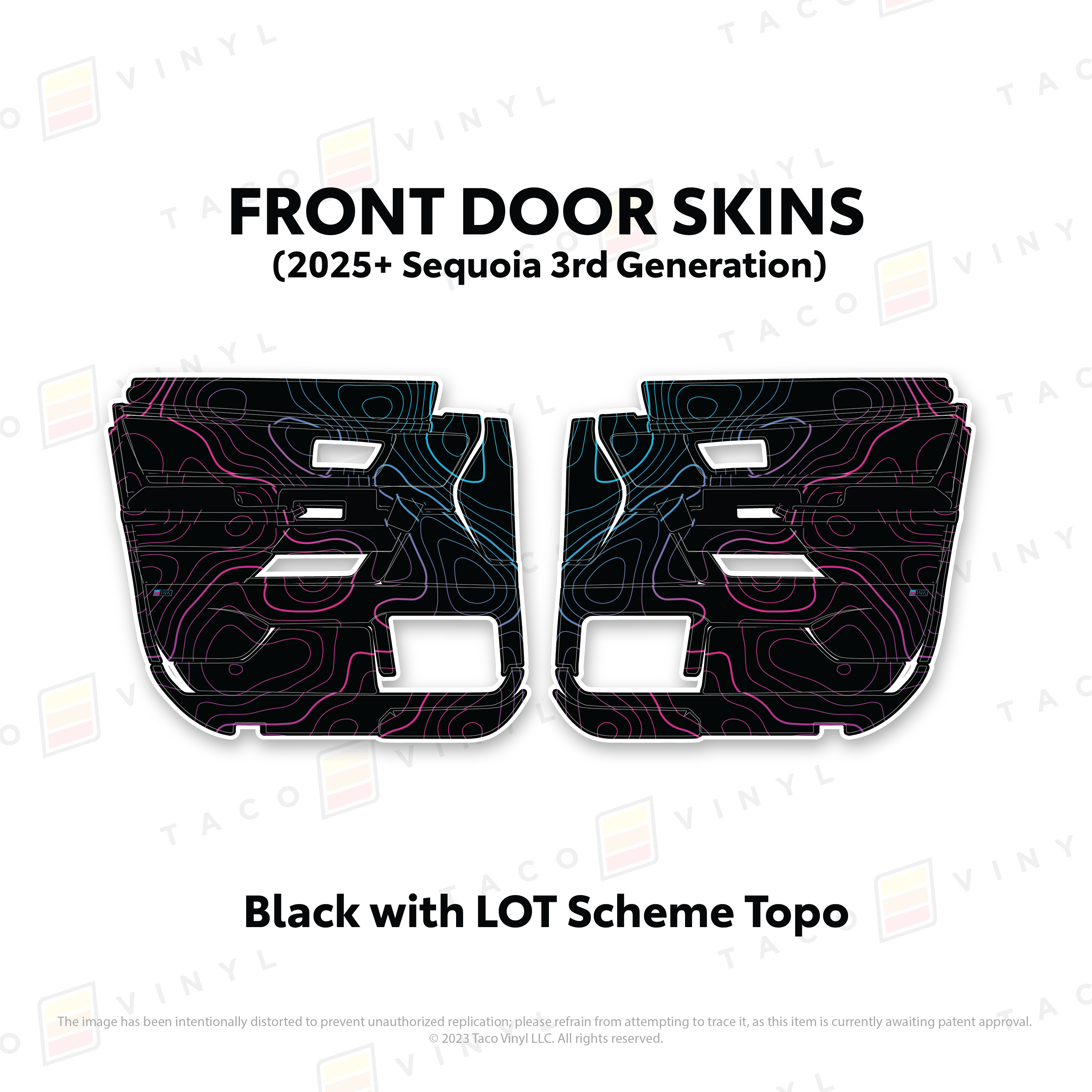 Taco Vinyl Protective Vinyl Front Driver/Passenger / Black w/LOT Scheme Topo 2023+ Sequoia Door Skins