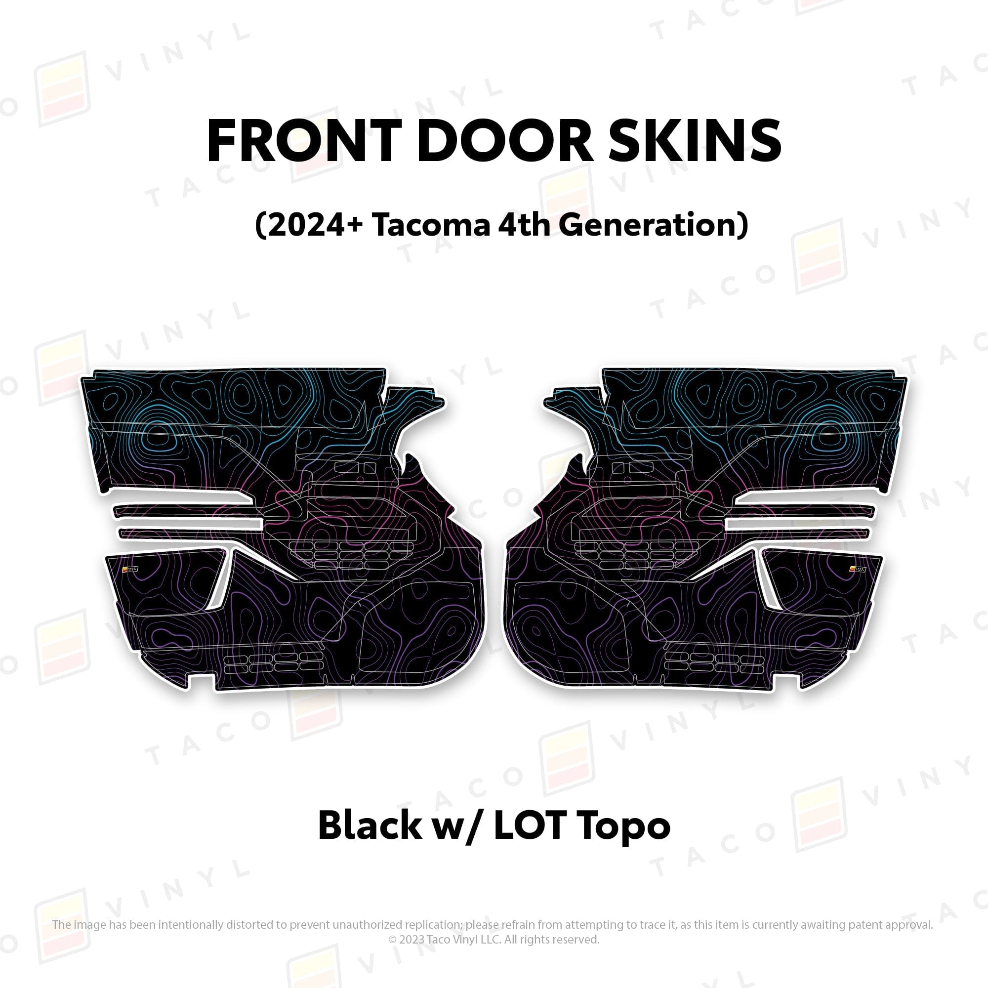 Taco Vinyl Protective Vinyl Front Driver/Passenger / Black w/LOT Scheme Topo 2024+ Tacoma Door Skins