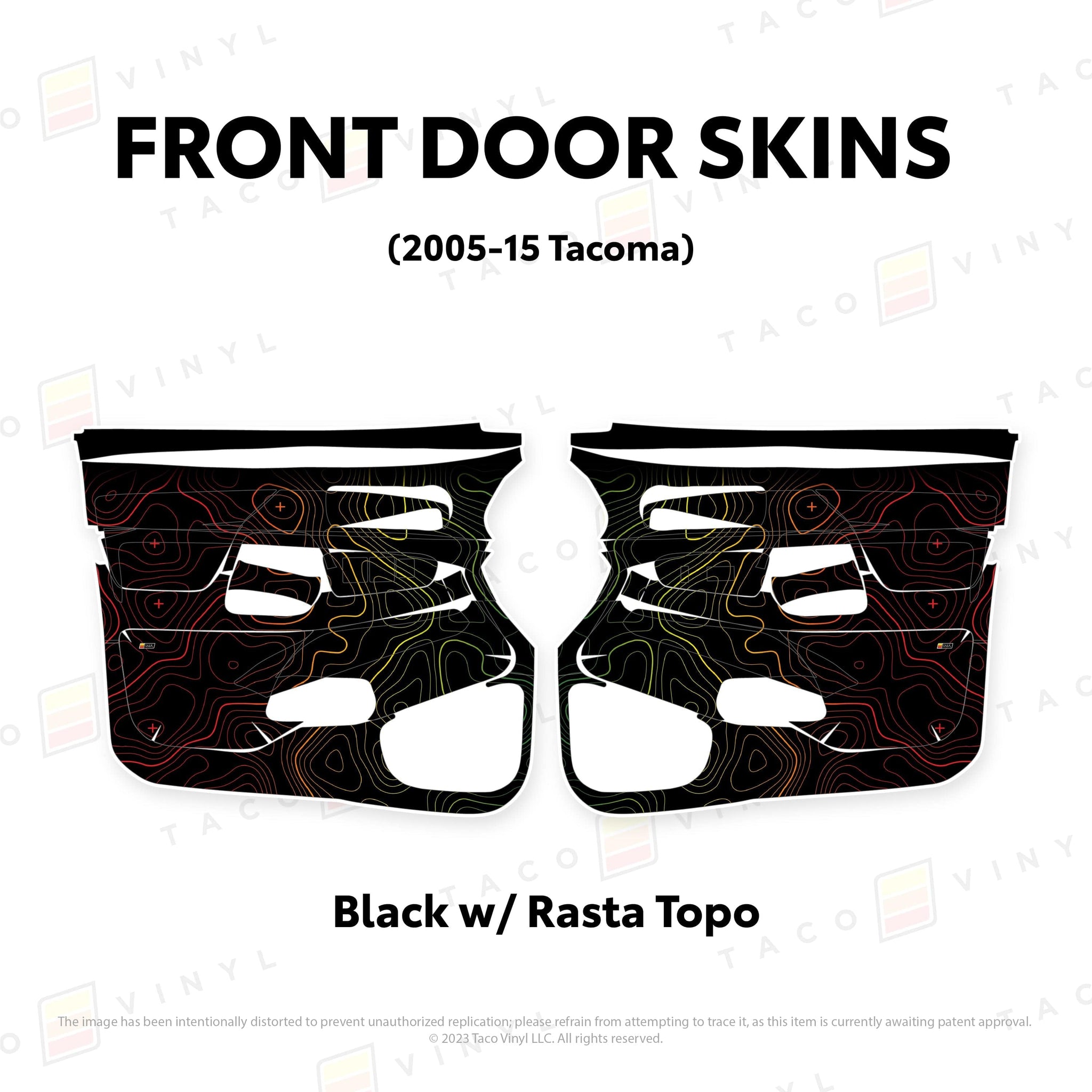 Taco Vinyl Protective Vinyl Front Driver/Passenger / Black w/Rasta Scheme Topo 2005-15 Tacoma Door Skins