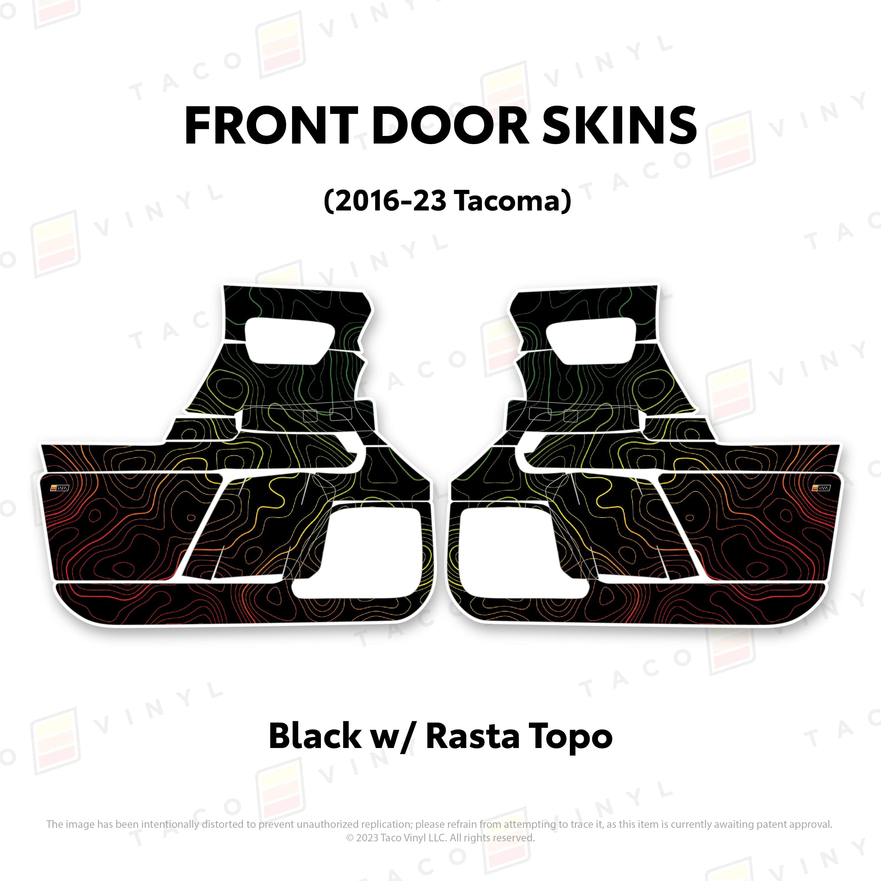 Taco Vinyl Protective Vinyl Front Driver/Passenger / Black w/Rasta Scheme Topo 2016-23 Tacoma Door Skins