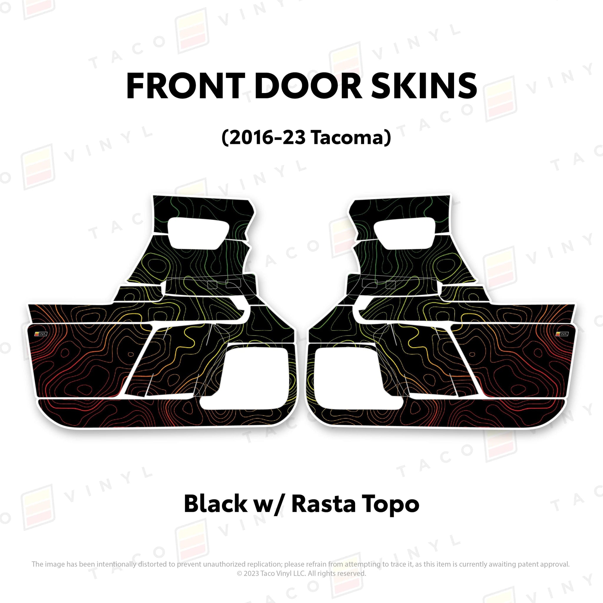 Taco Vinyl Protective Vinyl Front Driver/Passenger / Black w/Rasta Scheme Topo 2016-23 Tacoma Door Skins