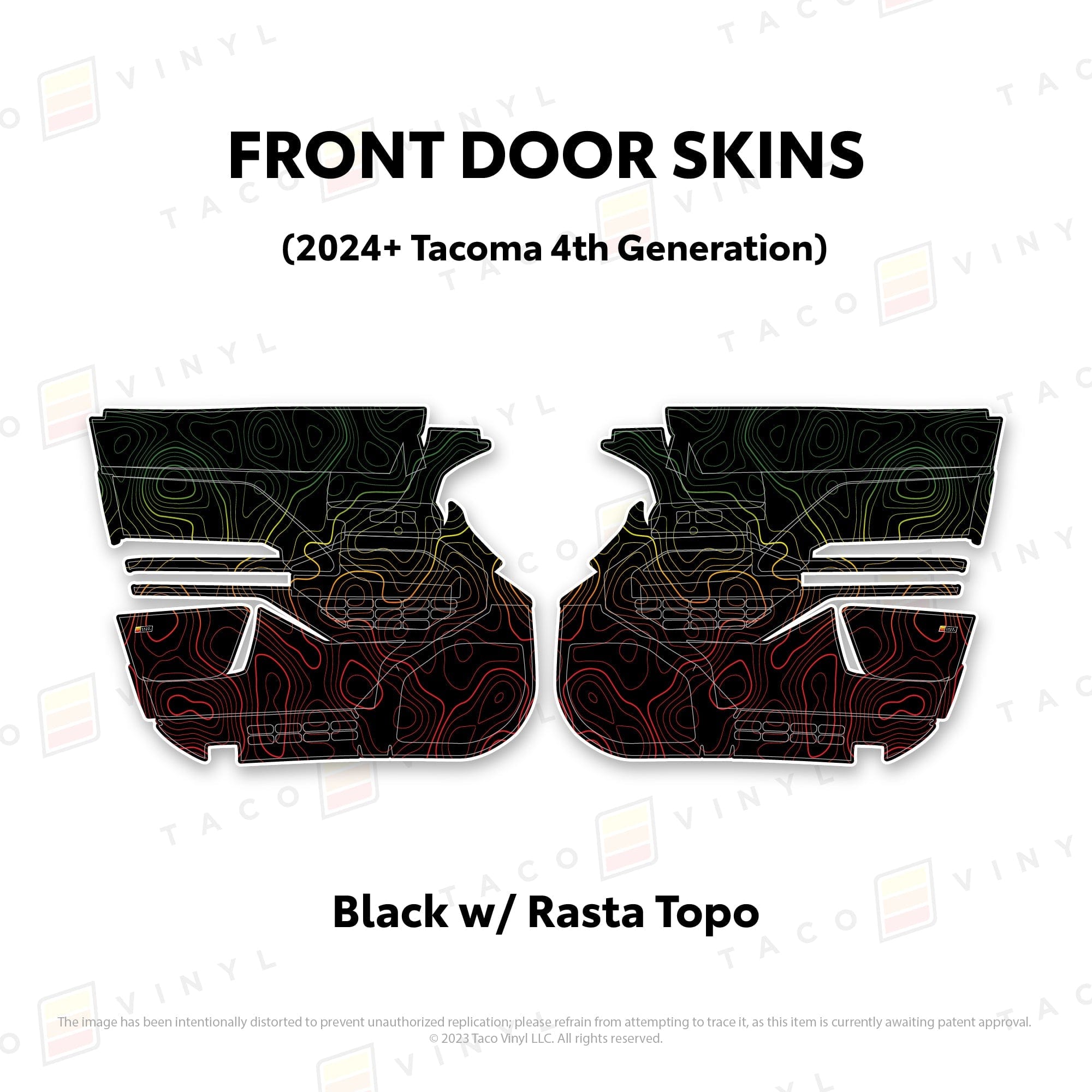 Taco Vinyl Protective Vinyl Front Driver/Passenger / Black w/Rasta Scheme Topo 2024+ Tacoma Door Skins