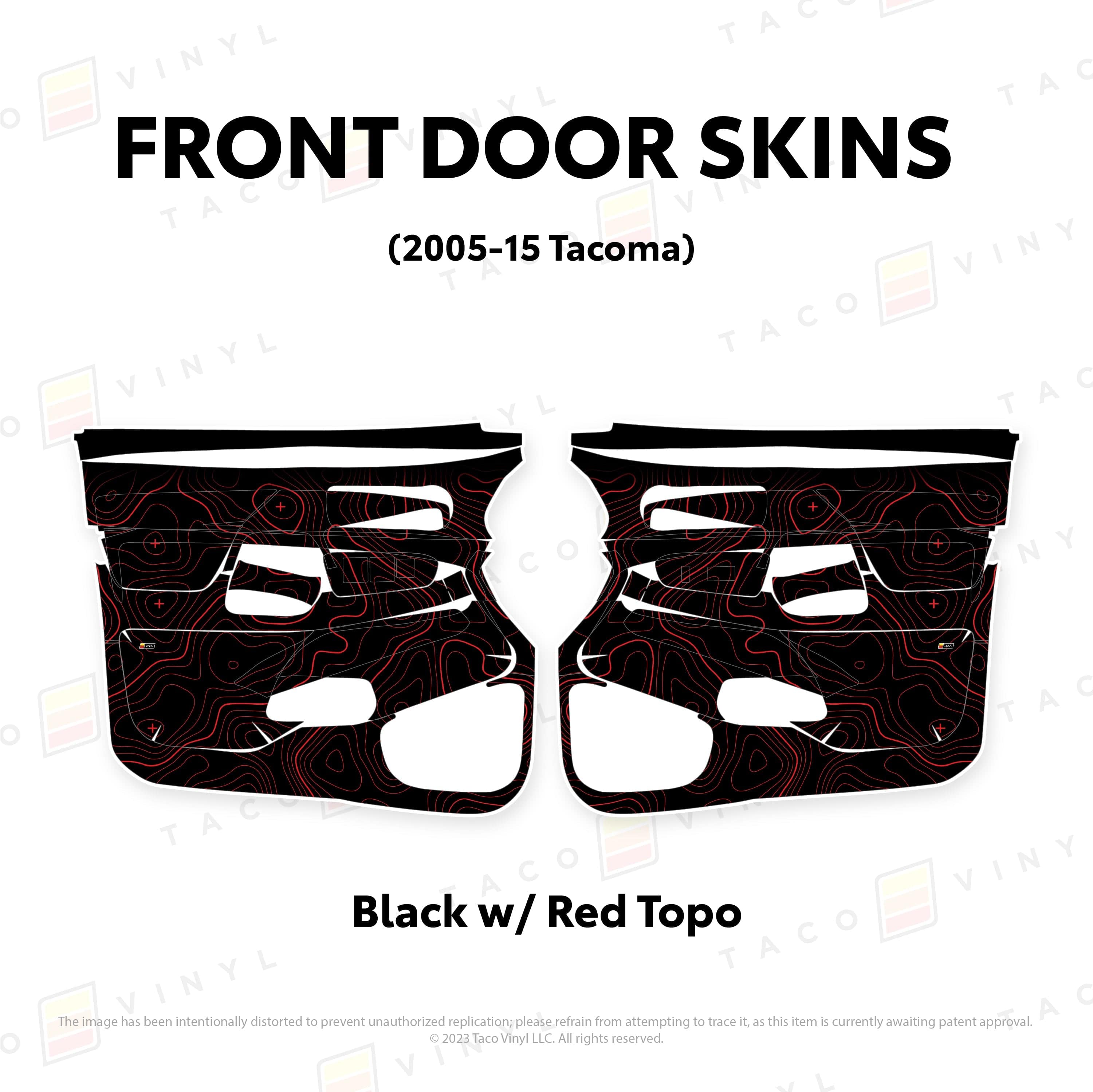 Taco Vinyl Protective Vinyl Front Driver/Passenger / Black w/Red Topo 2005-15 Tacoma Door Skins