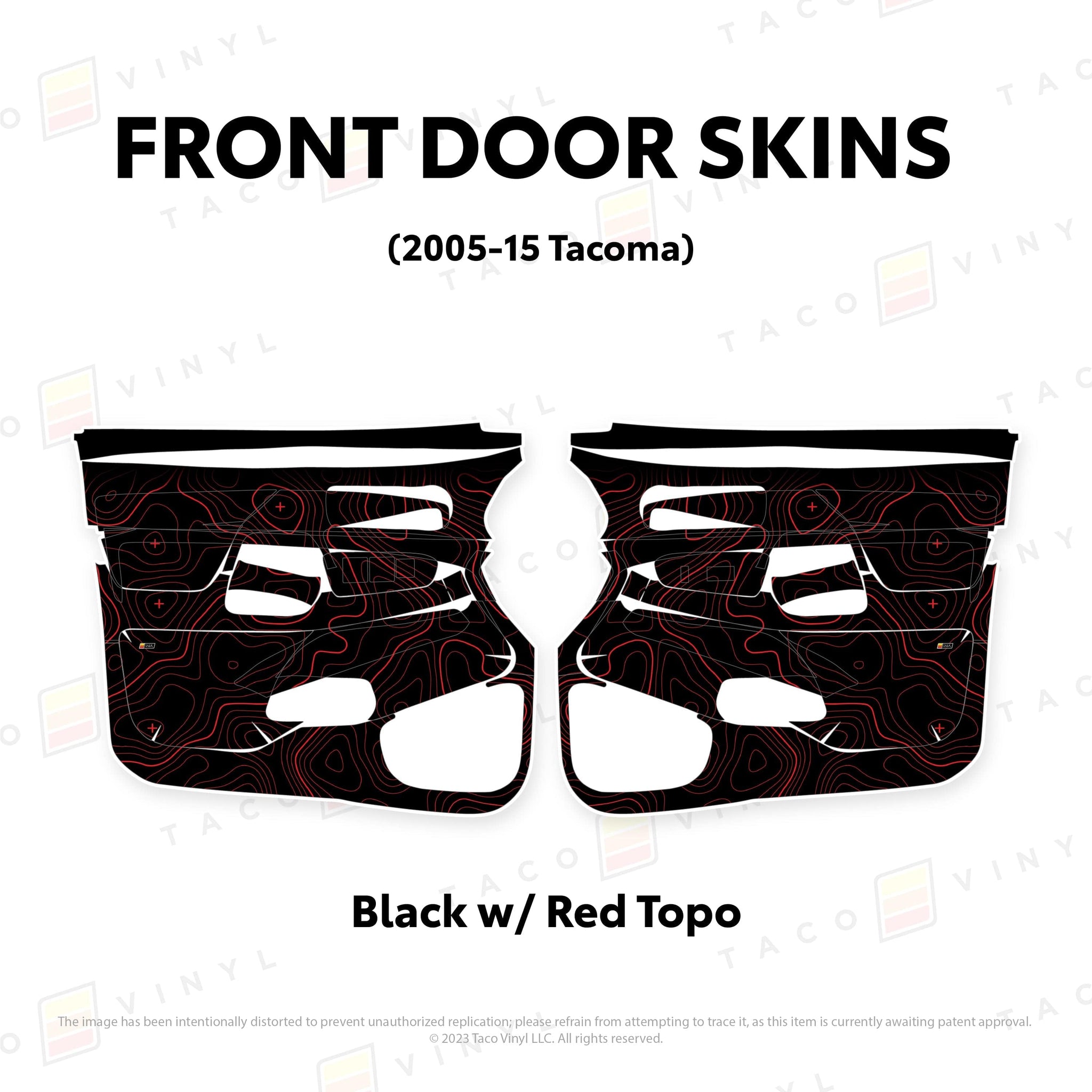 Taco Vinyl Protective Vinyl Front Driver/Passenger / Black w/Red Topo 2005-15 Tacoma Door Skins