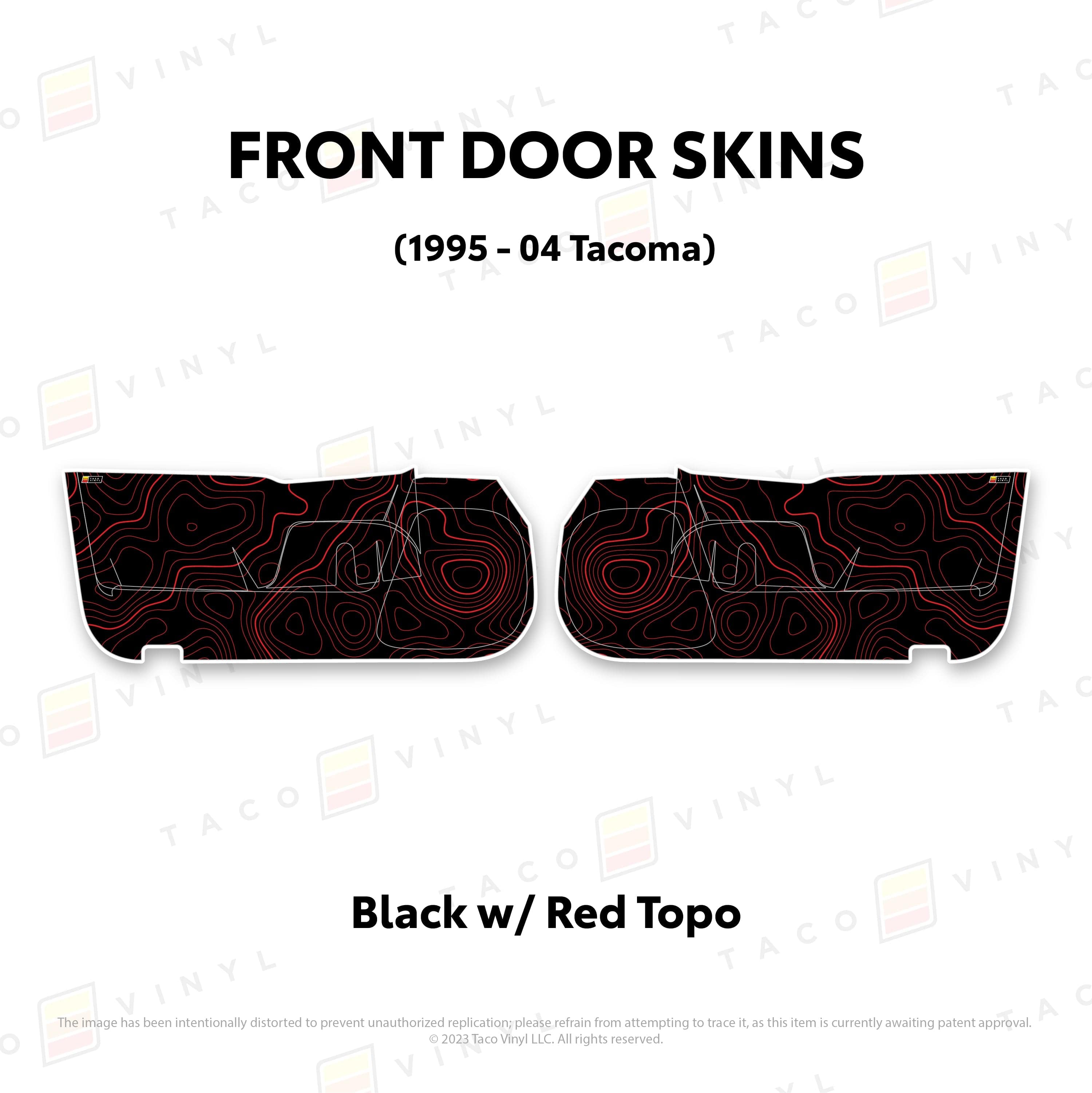 Taco Vinyl Protective Vinyl Front Driver/Passenger / Black w/Red Topo 2010-24 4Runner Door Skins (Lower Section)