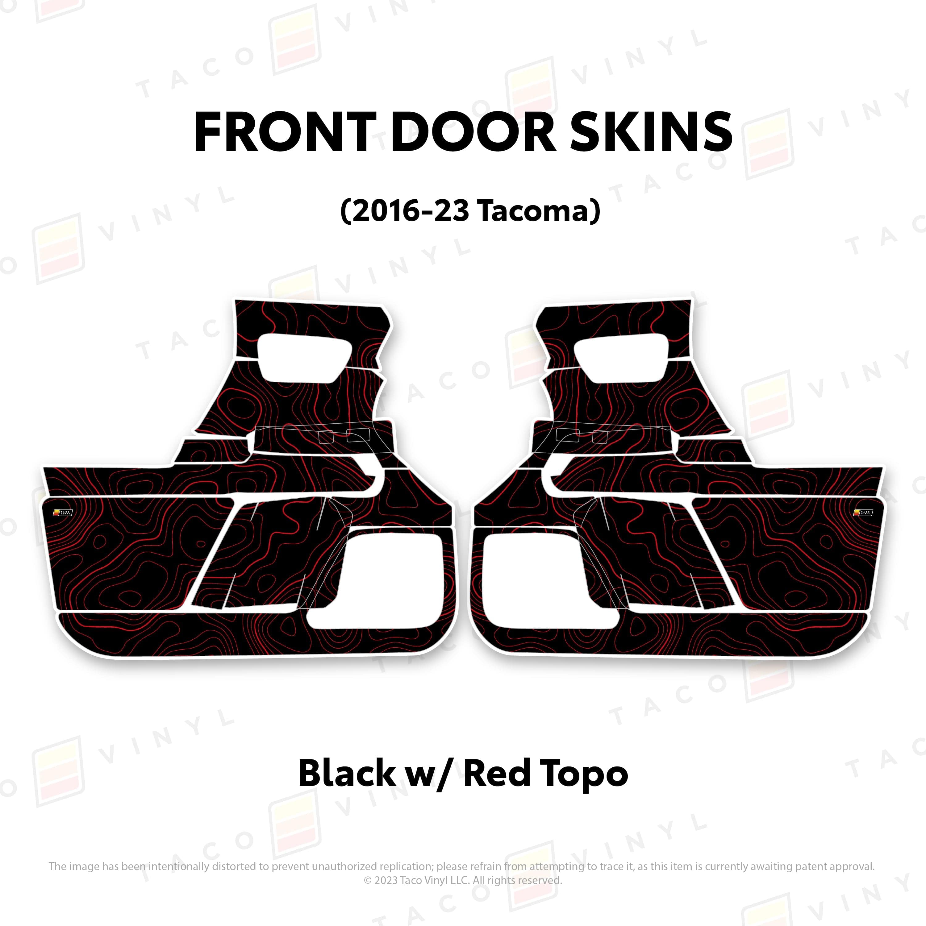 Taco Vinyl Protective Vinyl Front Driver/Passenger / Black w/Red Topo 2016-23 Tacoma Door Skins