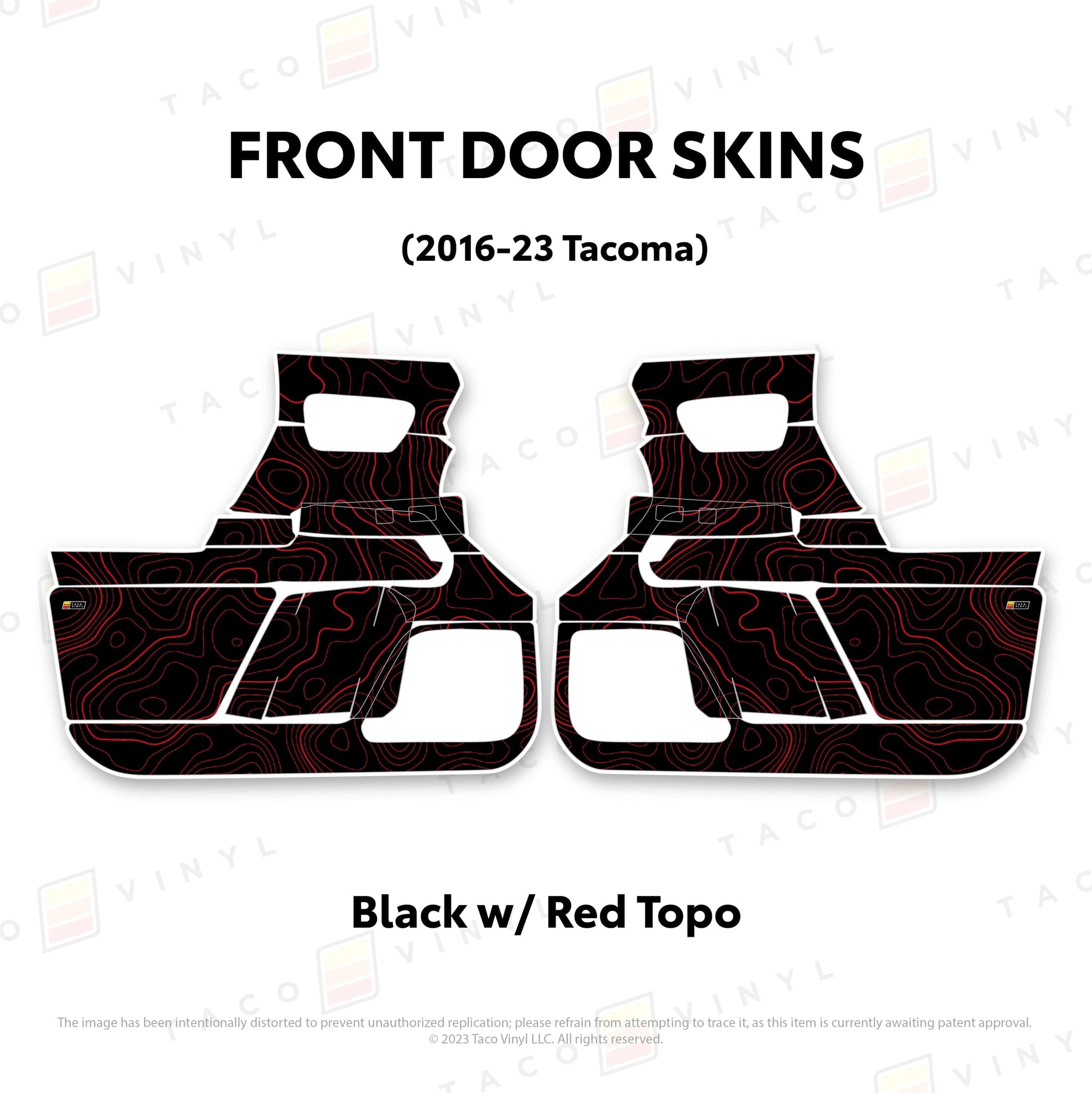 Taco Vinyl Protective Vinyl Front Driver/Passenger / Black w/Red Topo 2016-23 Tacoma Door Skins