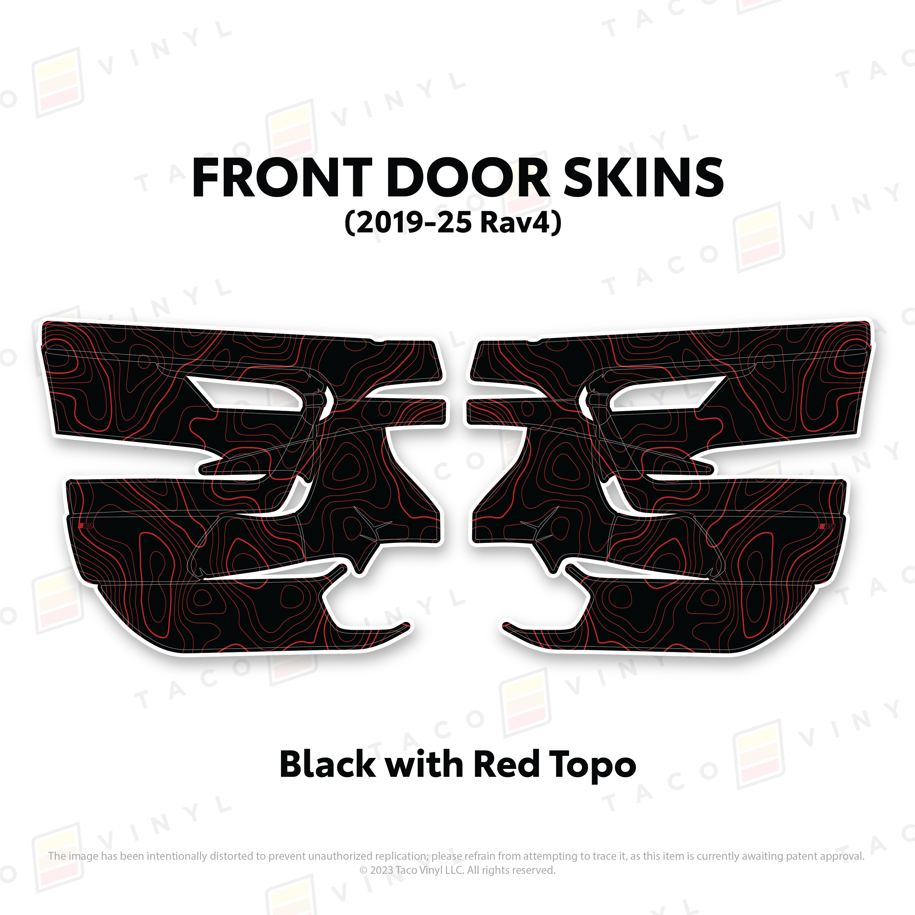 Taco Vinyl Protective Vinyl Front Driver/Passenger / Black w/Red Topo 2019-25 Rav4 Door Skins