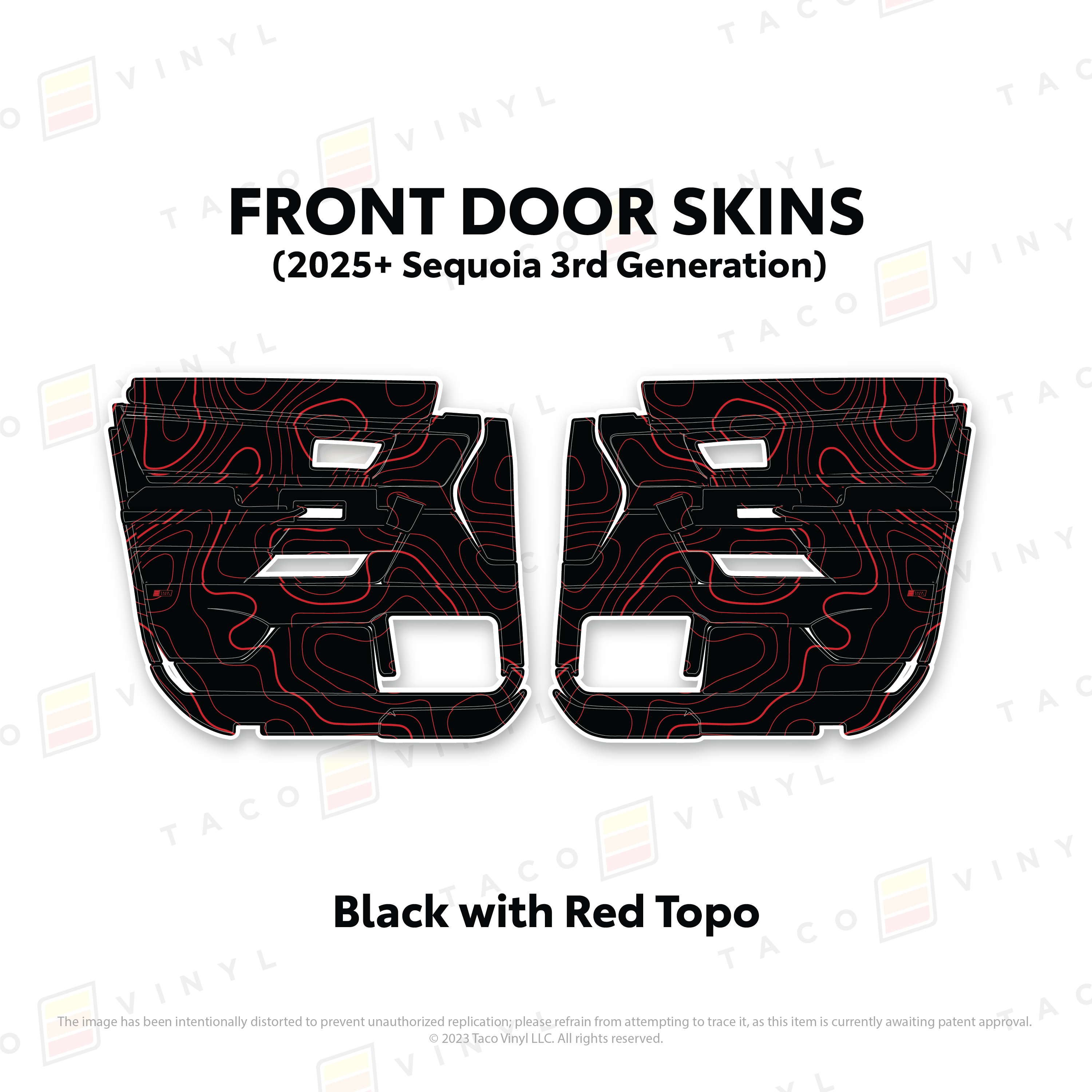Taco Vinyl Protective Vinyl Front Driver/Passenger / Black w/Red Topo 2023+ Sequoia Door Skins