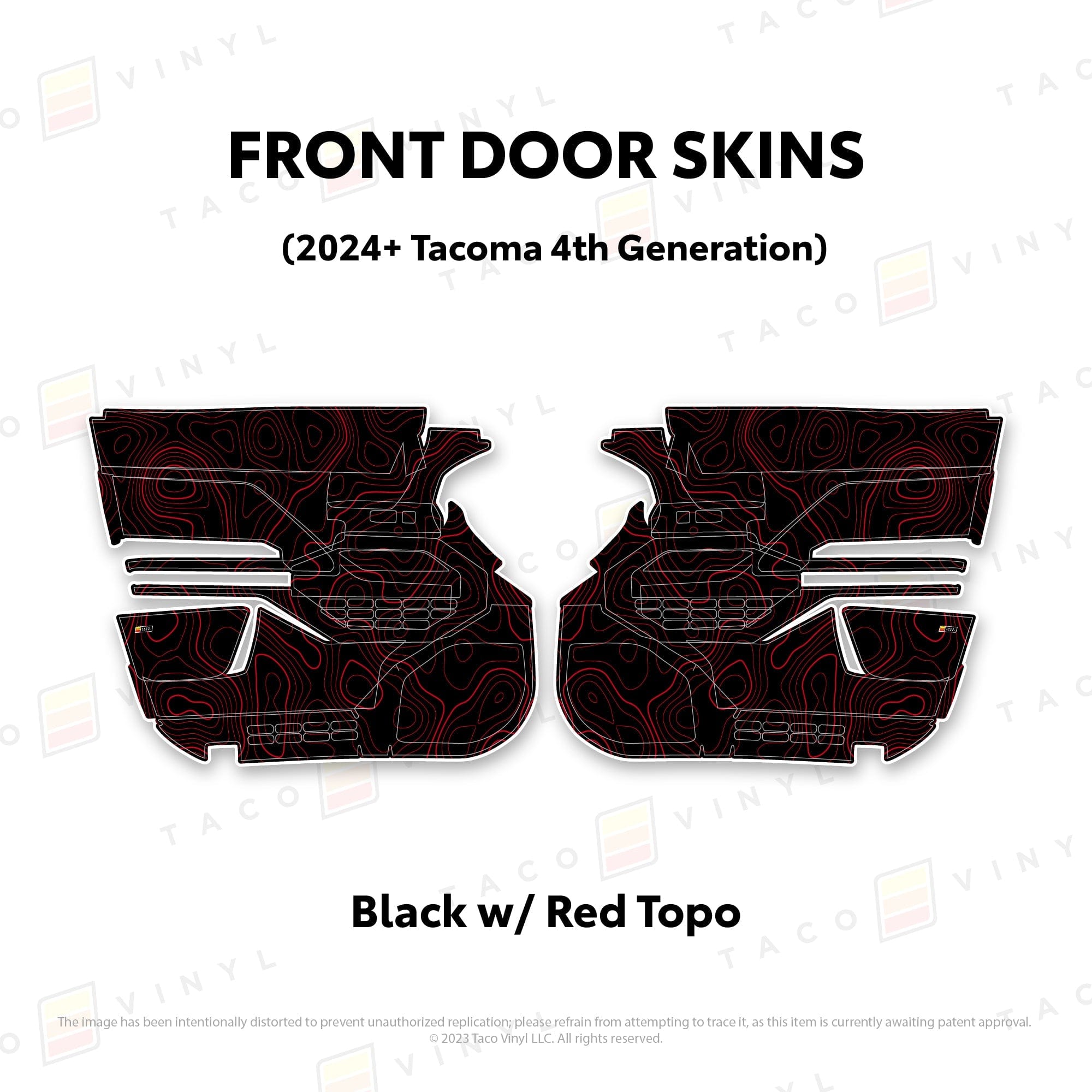 Taco Vinyl Protective Vinyl Front Driver/Passenger / Black w/Red Topo 2024+ Tacoma Door Skins